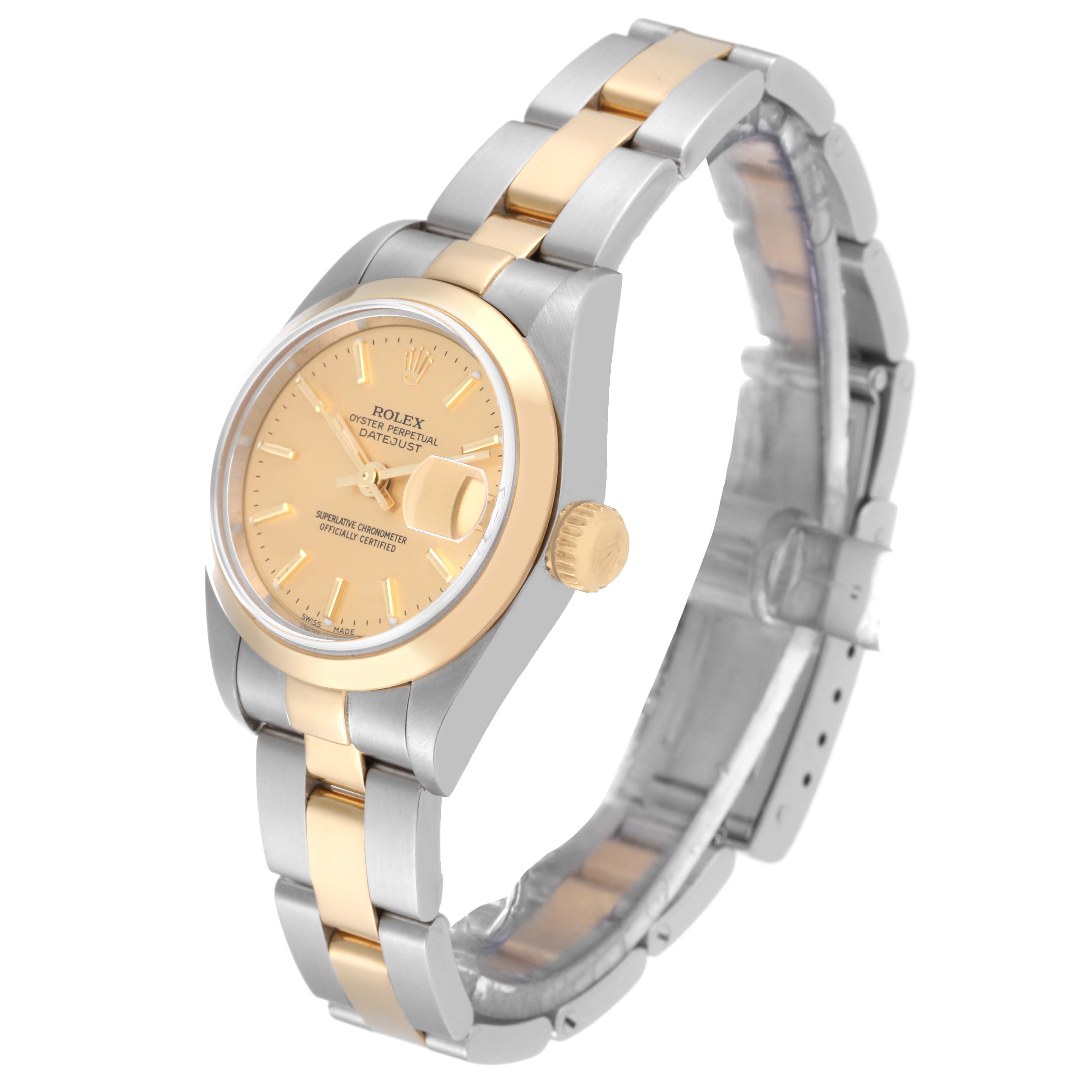 This image shows a Rolex Datejust 79163 Women's Steel and Gold (two tone) Champagne Dial 79163 Women's Steel and Gold (two tone) Champagne Dial model watch at a 3/4 angle, highlighting the face, bezel, and two-tone bracelet.