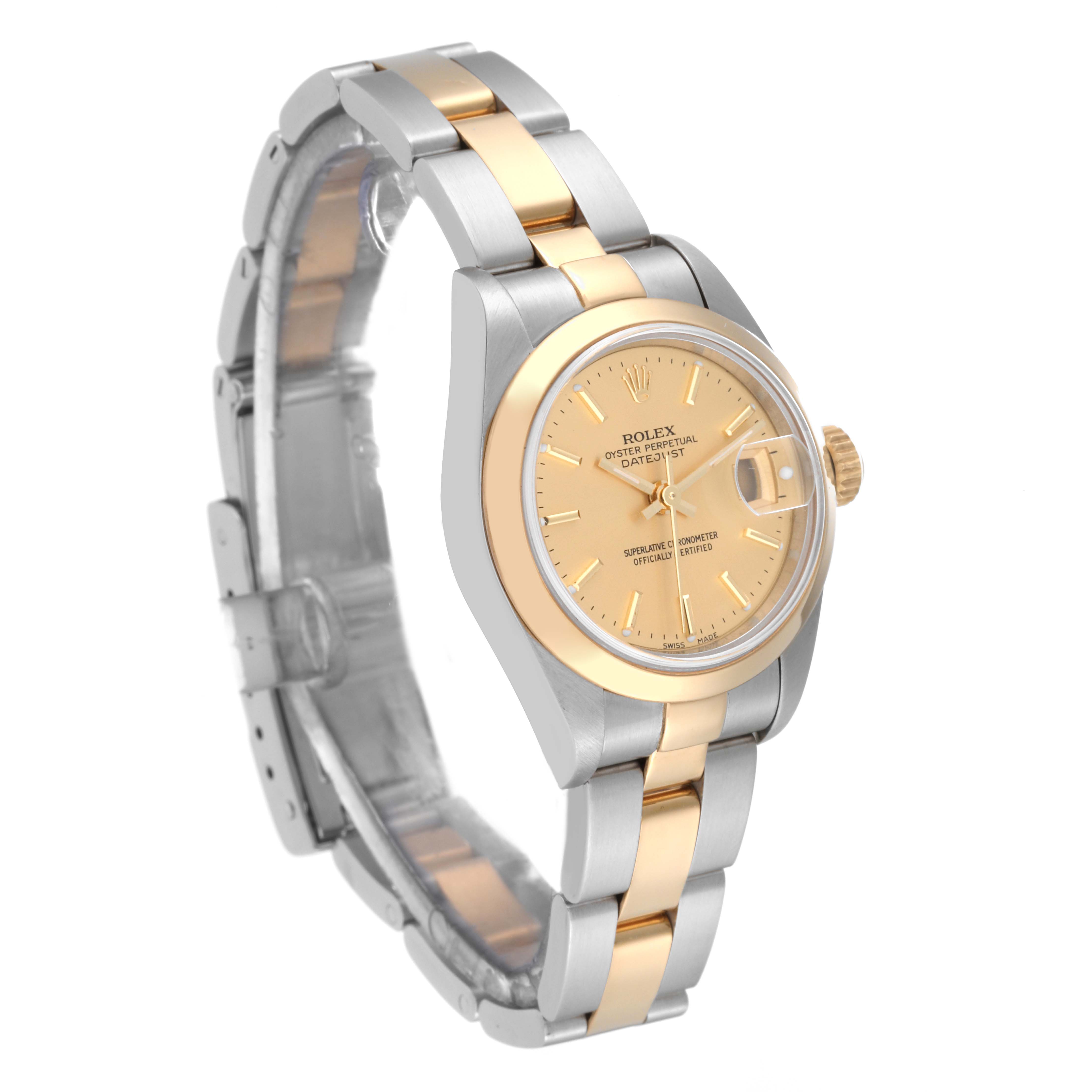 The image shows a Rolex Datejust 79163 Women's Steel and Gold (two tone) Champagne Dial 79163 Women's Steel and Gold (two tone) Champagne Dial model watch at a slight angle with focus on its dial, bezel, and bracelet.