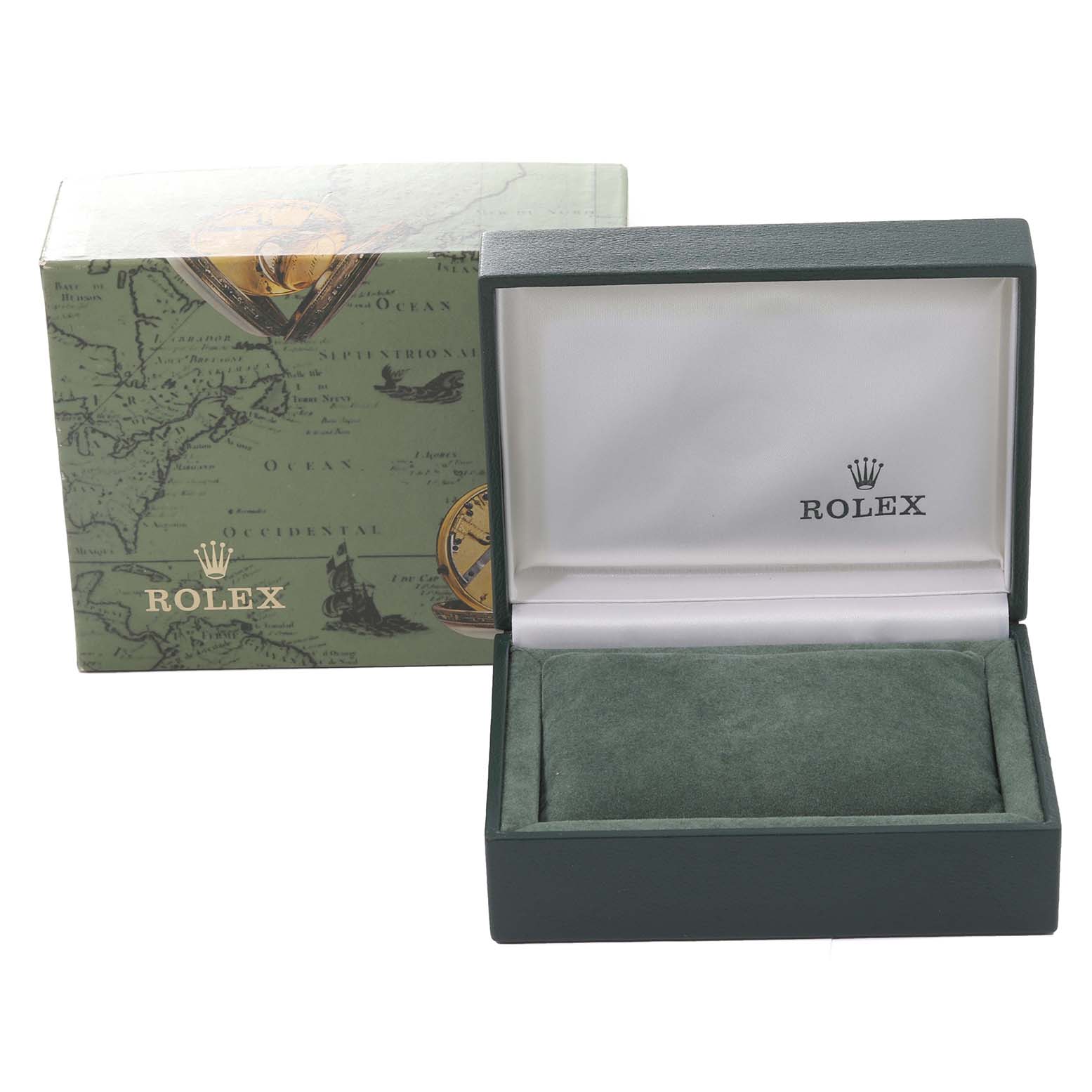 The image shows a Rolex Datejust 79163 Women's Steel and Gold (two tone) Champagne Dial 79163 Women's Steel and Gold (two tone) Champagne Dial watch box, with an open lid displaying the Rolex logo, and a green cushion inside.