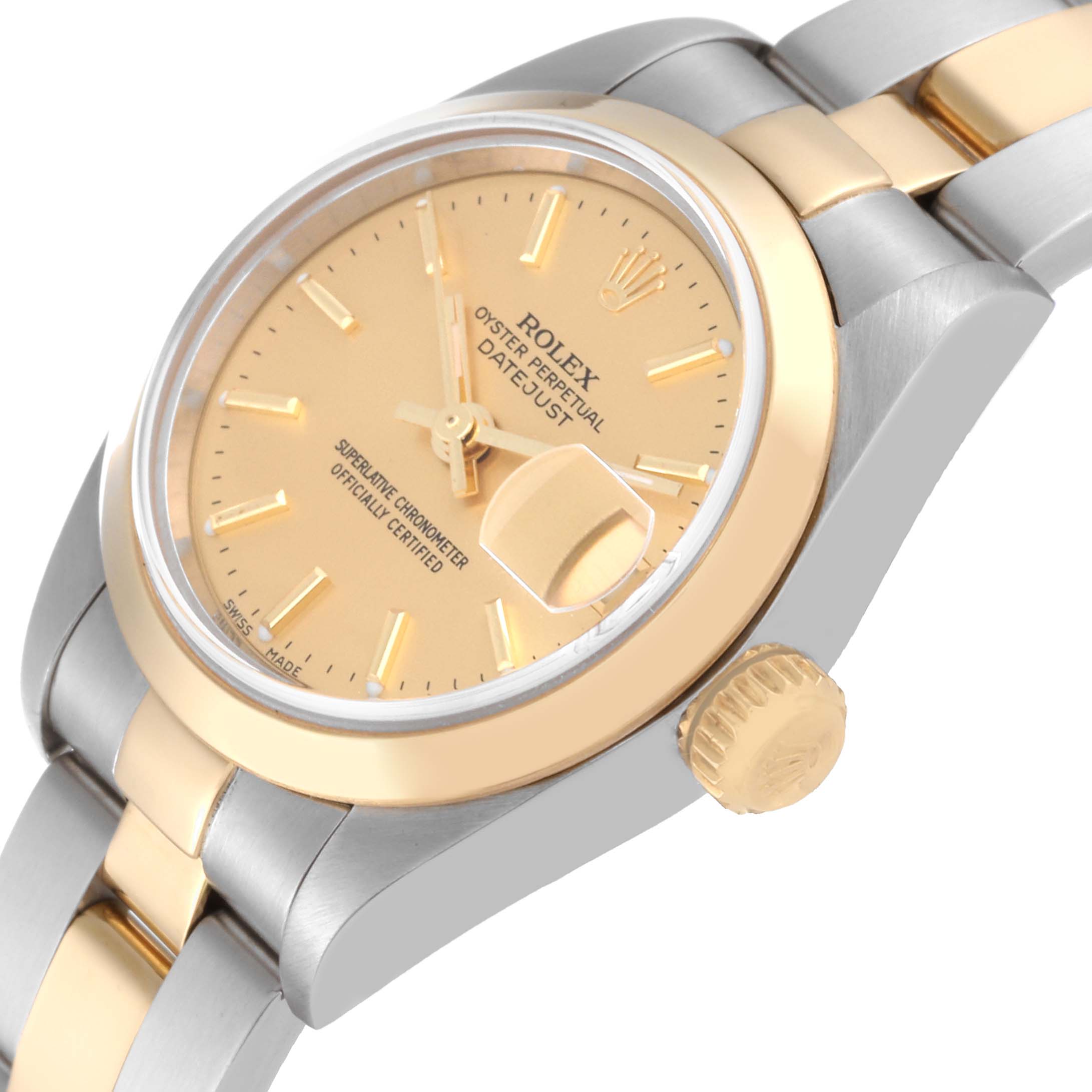 The image shows a Rolex Datejust 79163 Women's Steel and Gold (two tone) Champagne Dial 79163 Women's Steel and Gold (two tone) Champagne Dial watch at an angled view highlighting the dial, bezel, crown, and part of the bracelet.