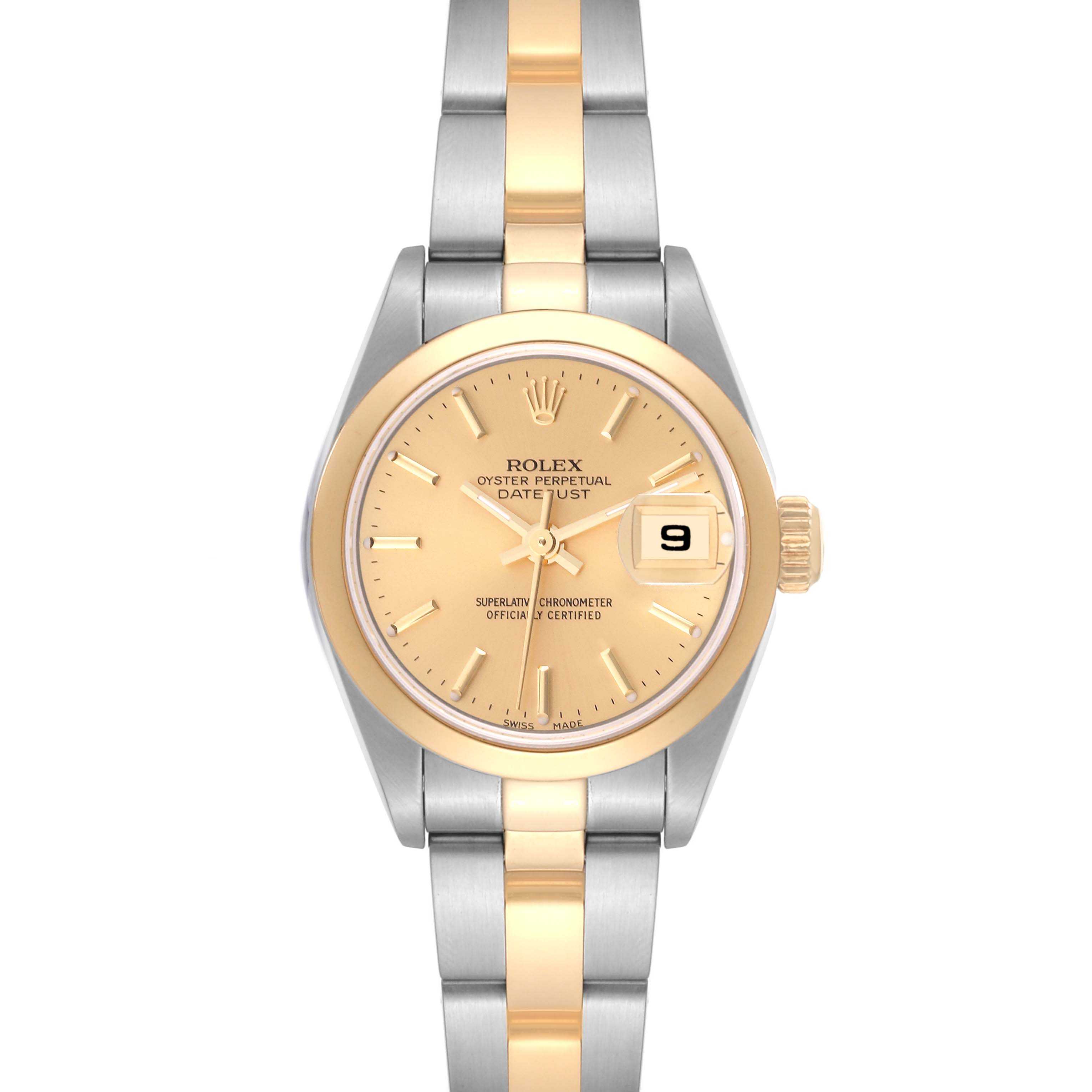 The image shows a front view of a Rolex Datejust 79163 Women's Steel and Gold (two tone) Champagne Dial 79163 Women's Steel and Gold (two tone) Champagne Dial watch, highlighting the dial, bezel, and bracelet.
