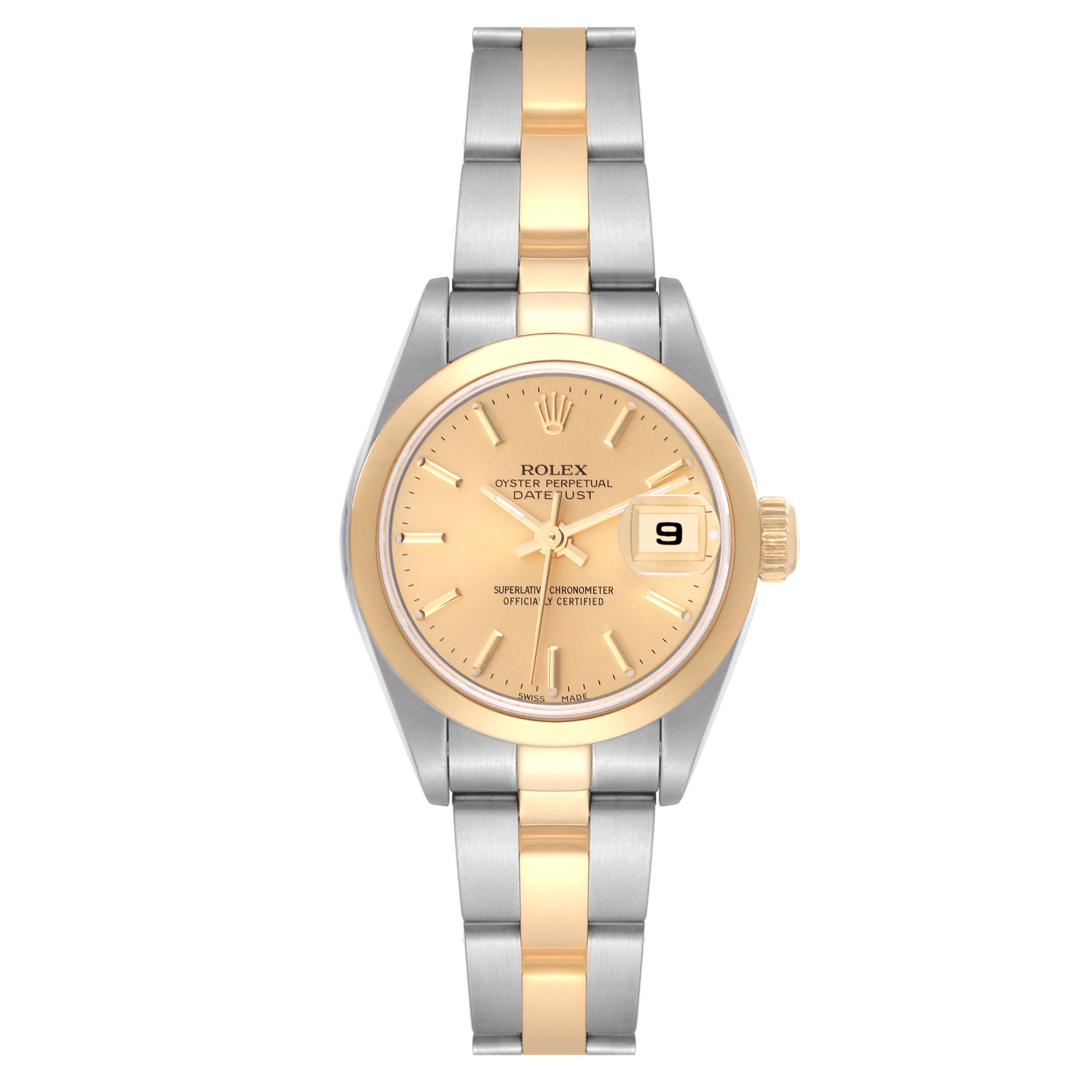 This image shows a Rolex Datejust 79163 Women's Steel and Gold (two tone) Champagne Dial 79163 Women's Steel and Gold (two tone) Champagne Dial watch from a frontal angle, displaying the full face, bezel, and bracelet.