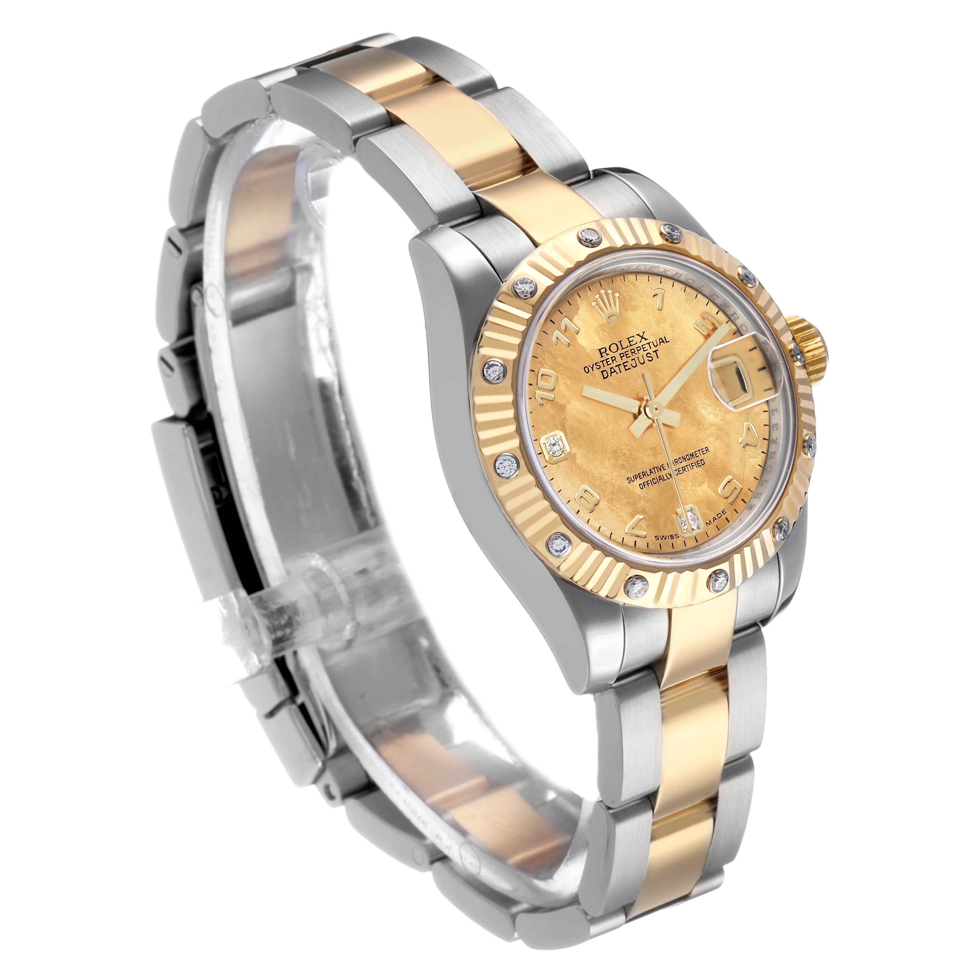 The Rolex Datejust 179313 Women's Steel and Gold (two tone) Mother of Pearl Dial watch is angled to show the face, bezel, crown, and part of the two-tone bracelet.