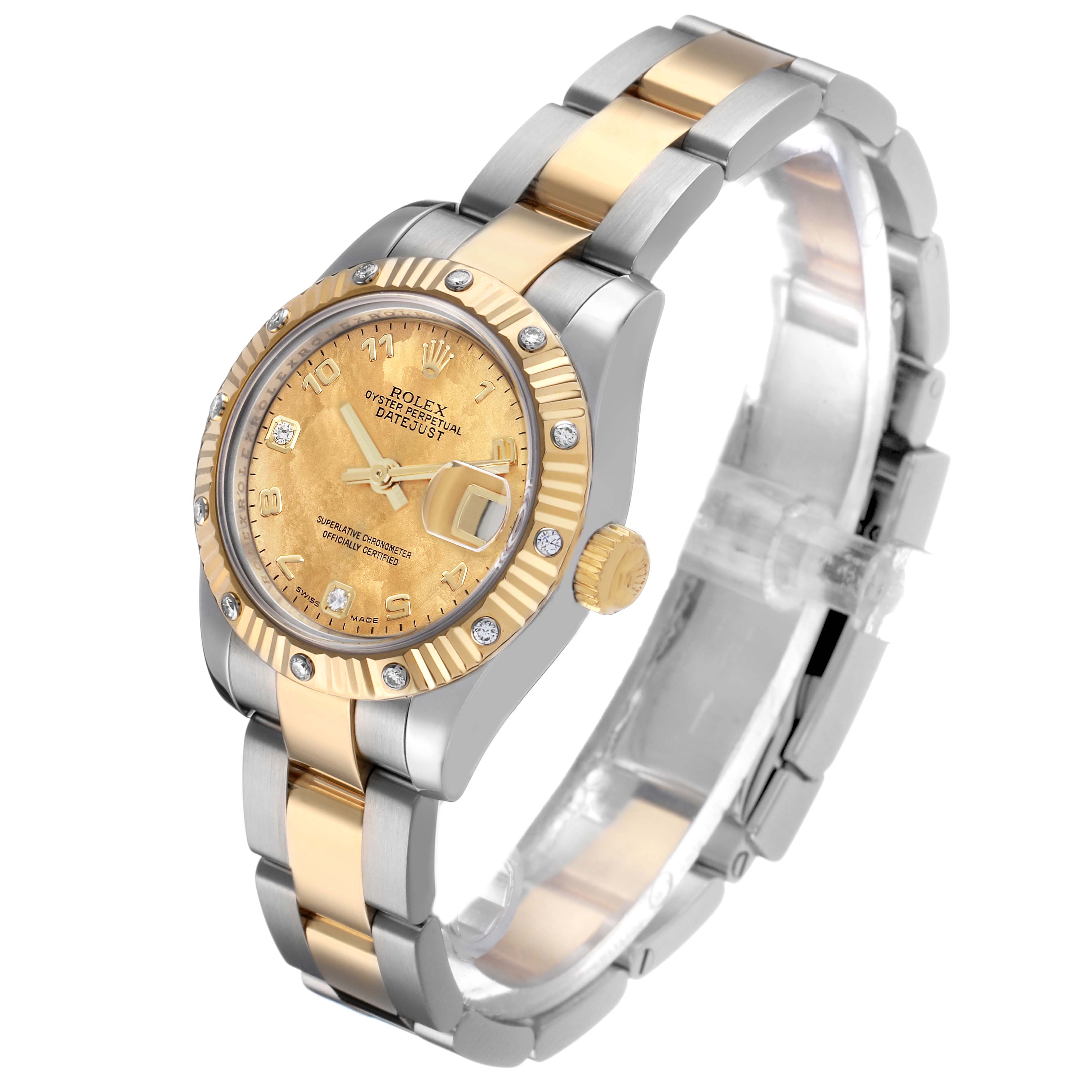 The Rolex Datejust 179313 Women's Steel and Gold (two tone) Mother of Pearl Dial watch is shown at a three-quarter angle, displaying its face, fluted bezel, and two-tone bracelet.