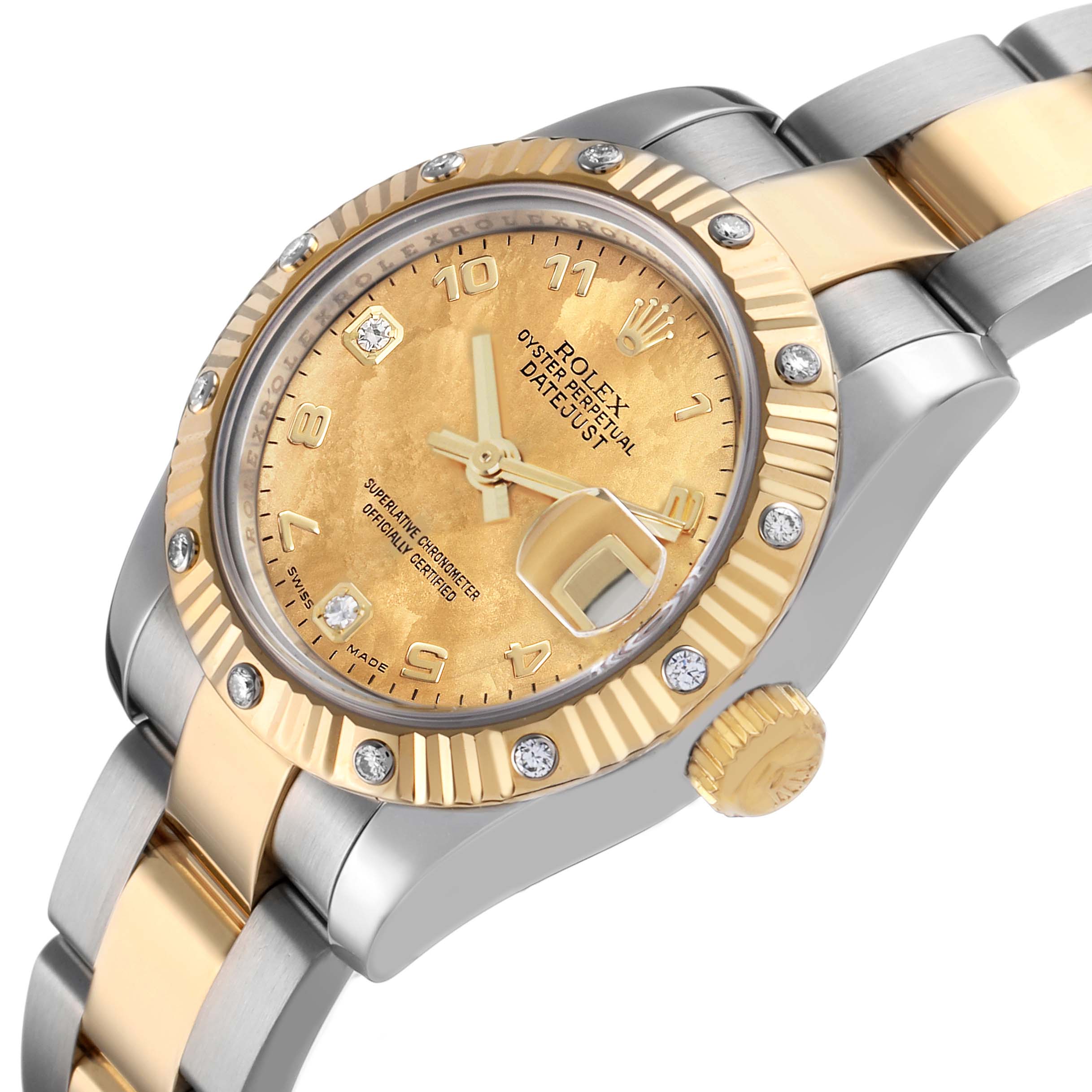 The Rolex Datejust 179313 Women's Steel and Gold (two tone) Mother of Pearl Dial watch is shown at an angled side view highlighting the gold and silver bracelet, bezel, and dial details.