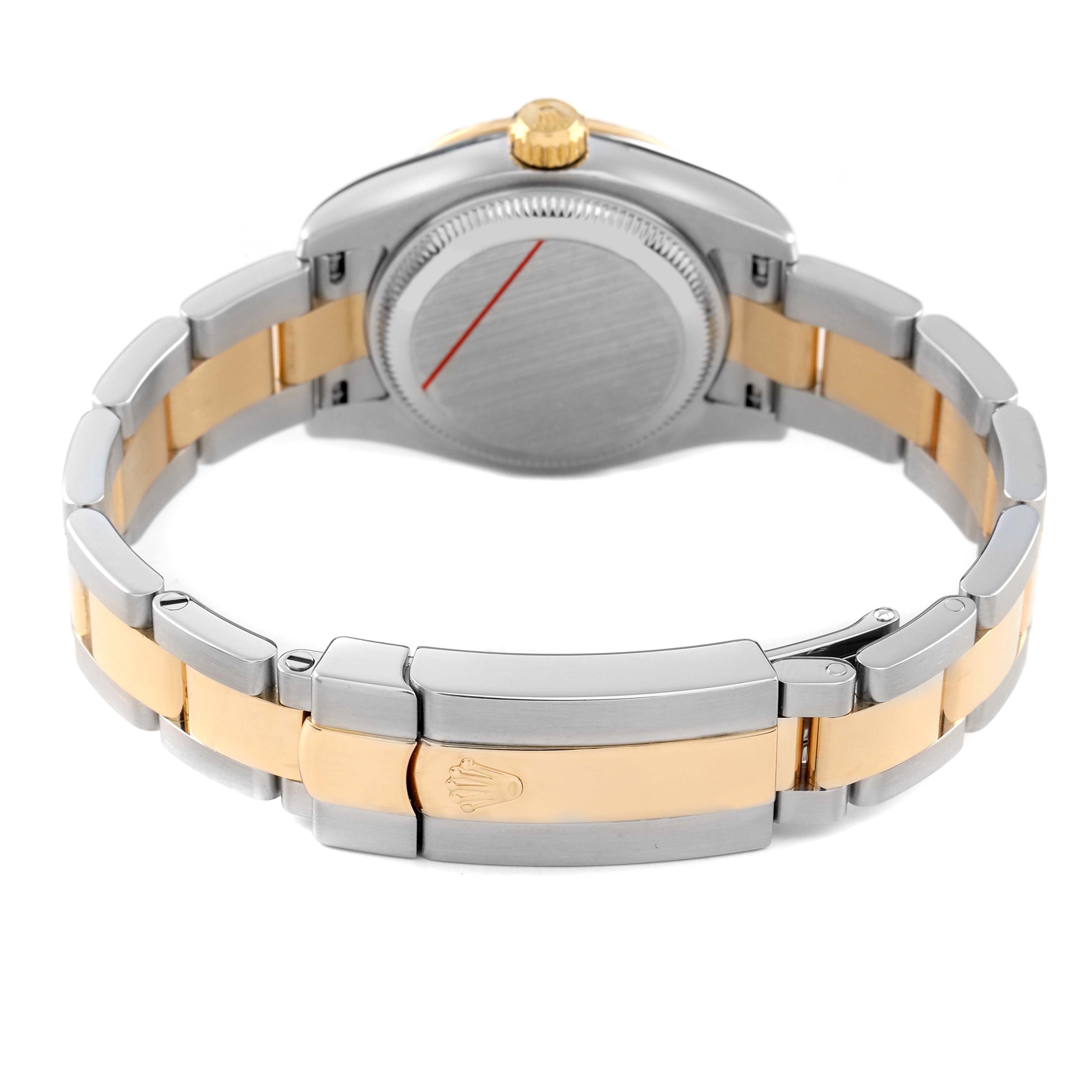The image shows a Rolex Datejust 179313 Women's Steel and Gold (two tone) Mother of Pearl Dial watch from the back, highlighting the clasp, case back, and two-tone bracelet.