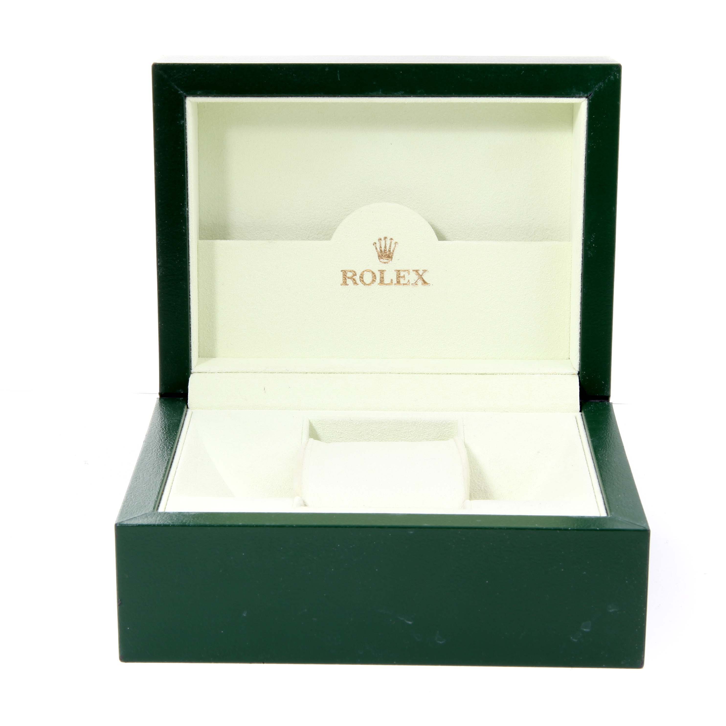 The image shows an open Rolex Datejust 179313 Women's Steel and Gold (two tone) Mother of Pearl Dial watch box with a green exterior and cream interior, viewed from the front.