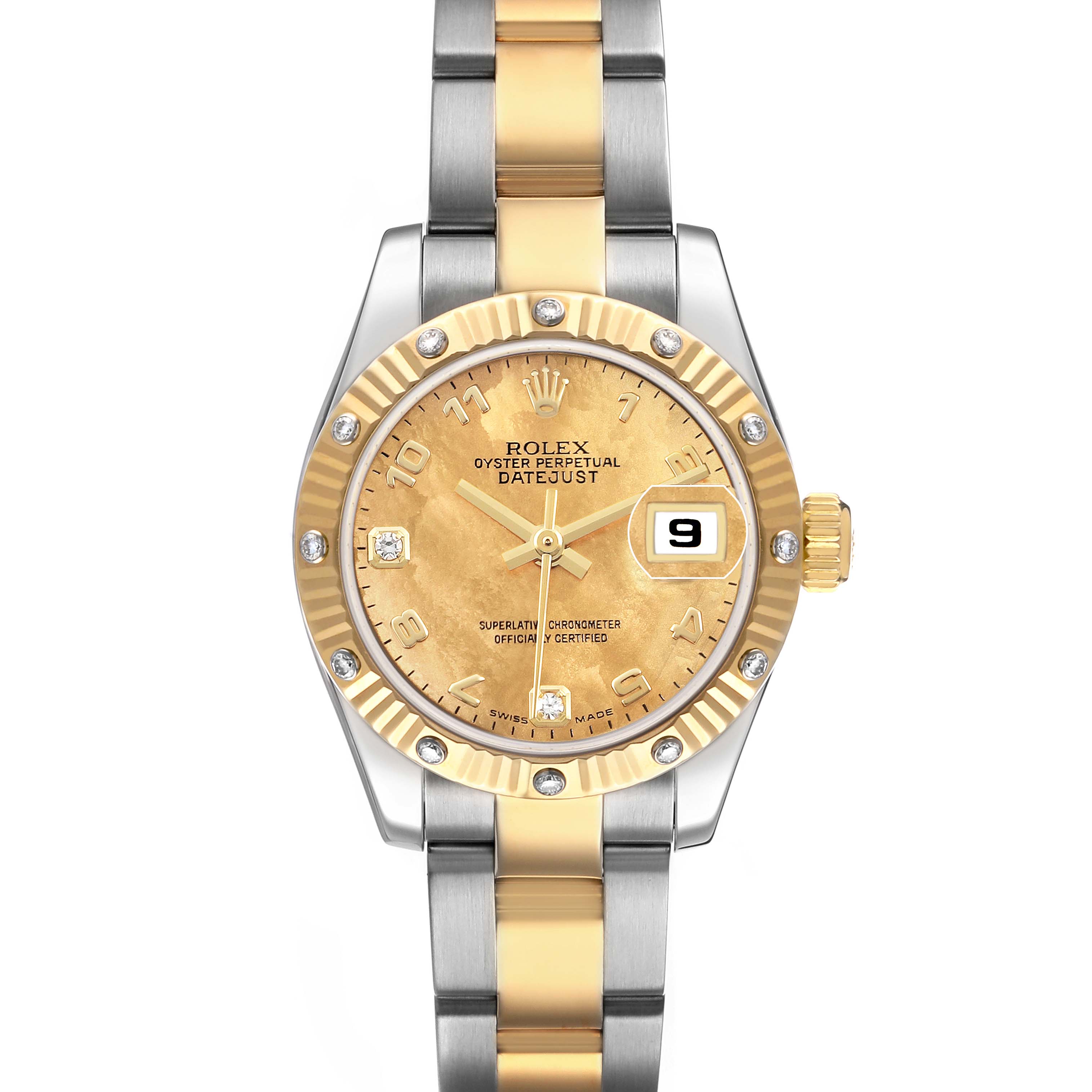 The Rolex Datejust 179313 Women's Steel and Gold (two tone) Mother of Pearl Dial watch is shown from the front, highlighting its gold and silver bracelet, gold dial, and date function.