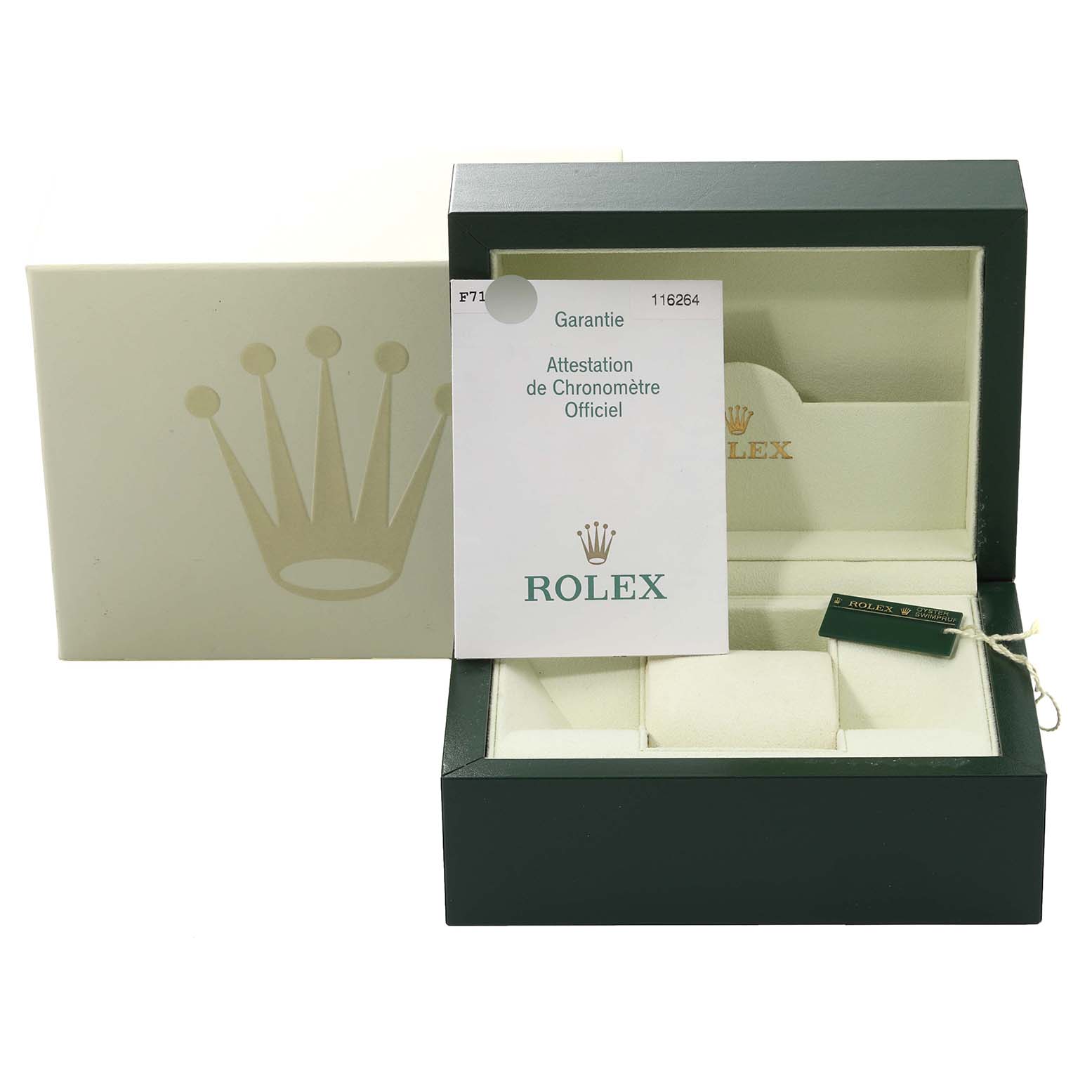 The image shows the box and warranty card for the Rolex Turn-o-Graph 116264 Men's Stainless Steel Black Dial 116264 Men's Stainless Steel Black Dial model.
