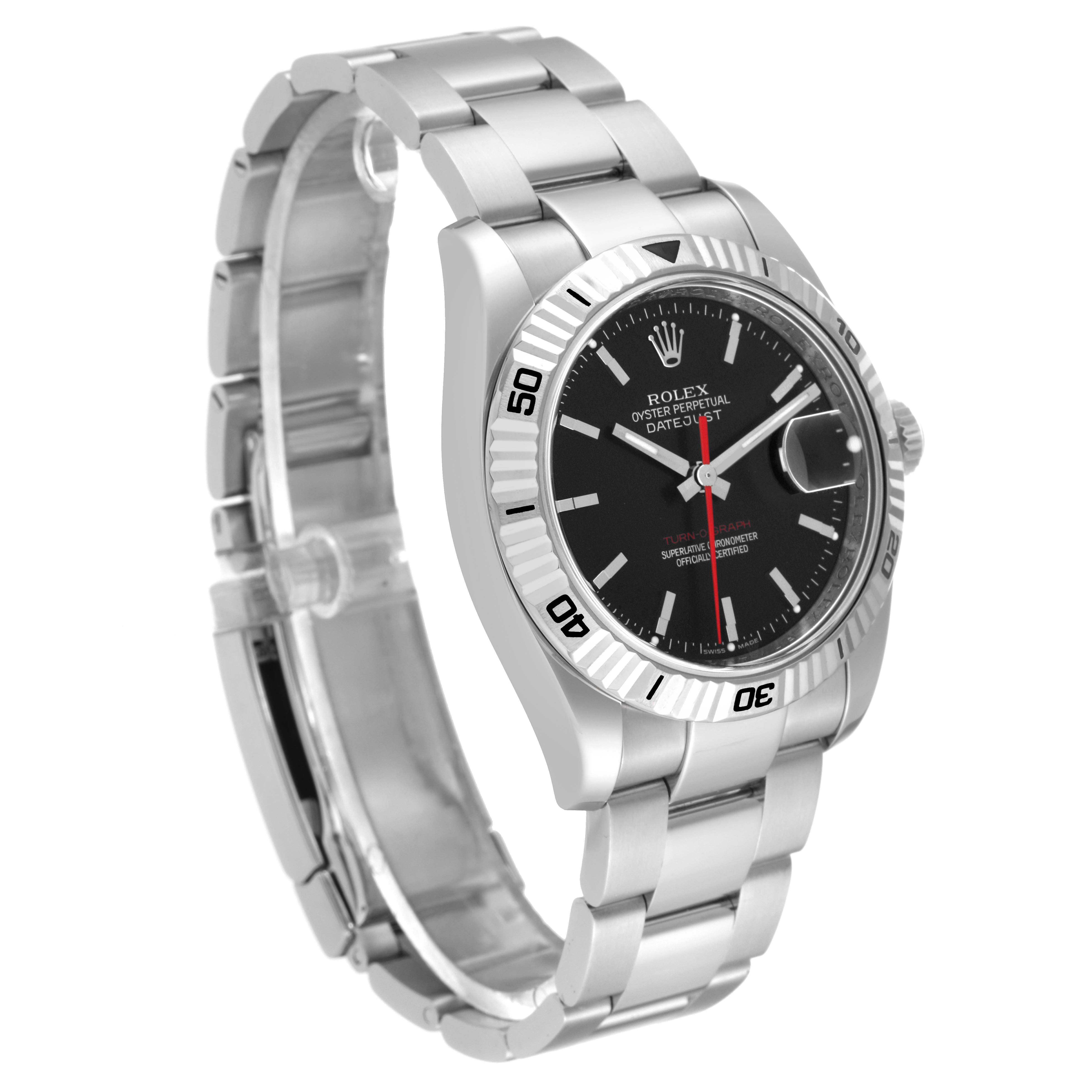 This image shows a Rolex Turn-o-Graph 116264 Men's Stainless Steel Black Dial 116264 Men's Stainless Steel Black Dial watch from an angled side view, highlighting the face, bezel, crown, and bracelet.
