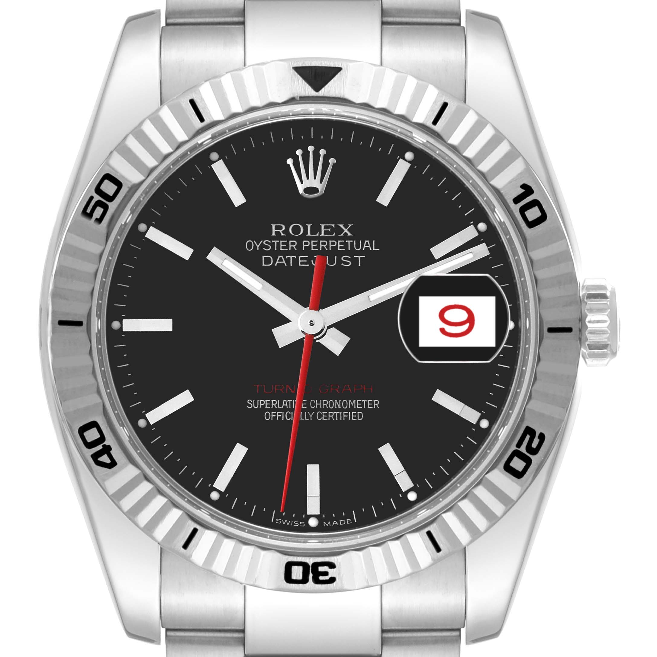 The image shows a front view of the Rolex Turn-o-Graph 116264 Men's Stainless Steel Black Dial 116264 Men's Stainless Steel Black Dial watch, highlighting the dial, hands, date display, and bezel.