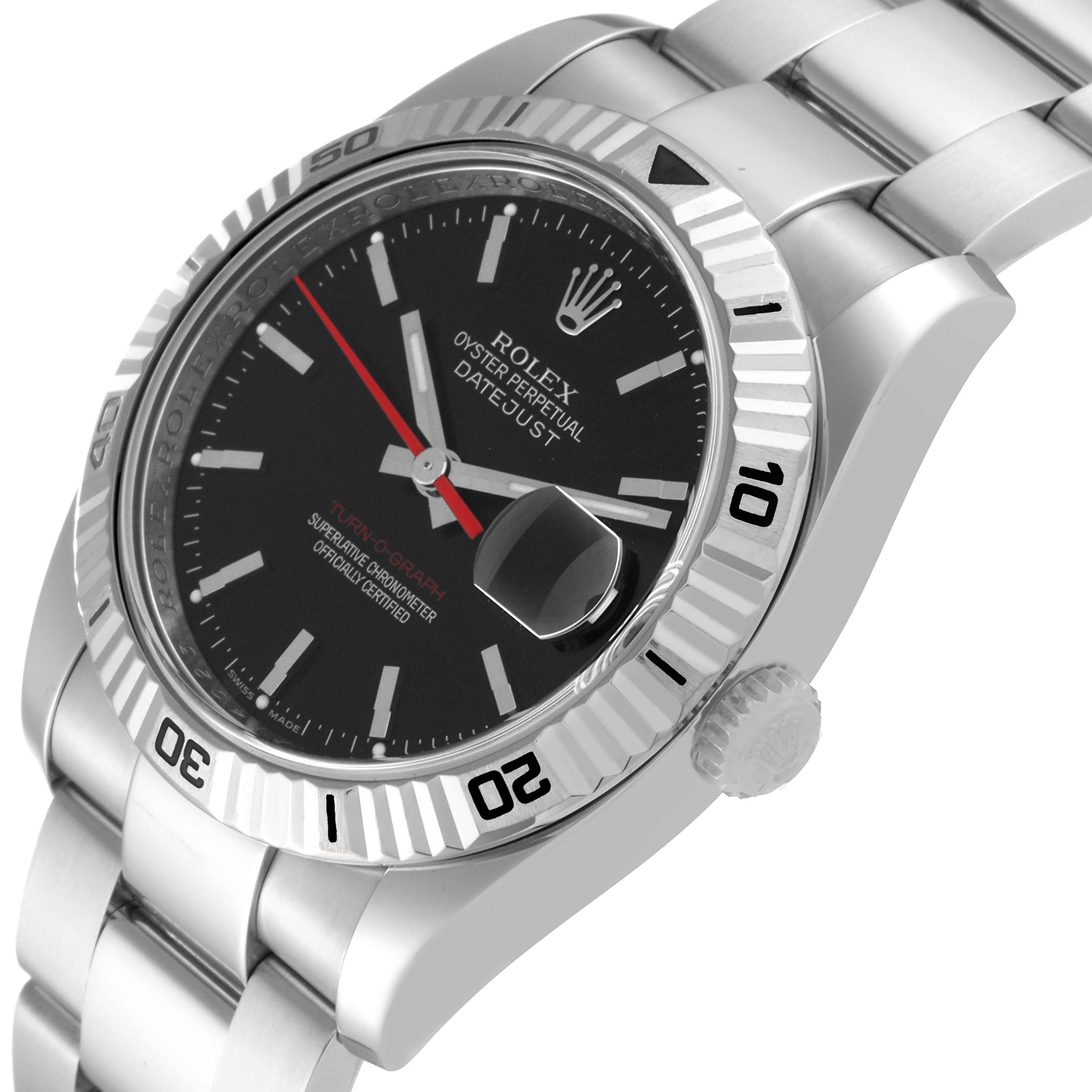 The image shows a Rolex Turn-o-Graph 116264 Men's Stainless Steel Black Dial 116264 Men's Stainless Steel Black Dial watch from an angled side view, highlighting the bezel, dial, crown, and part of the bracelet.