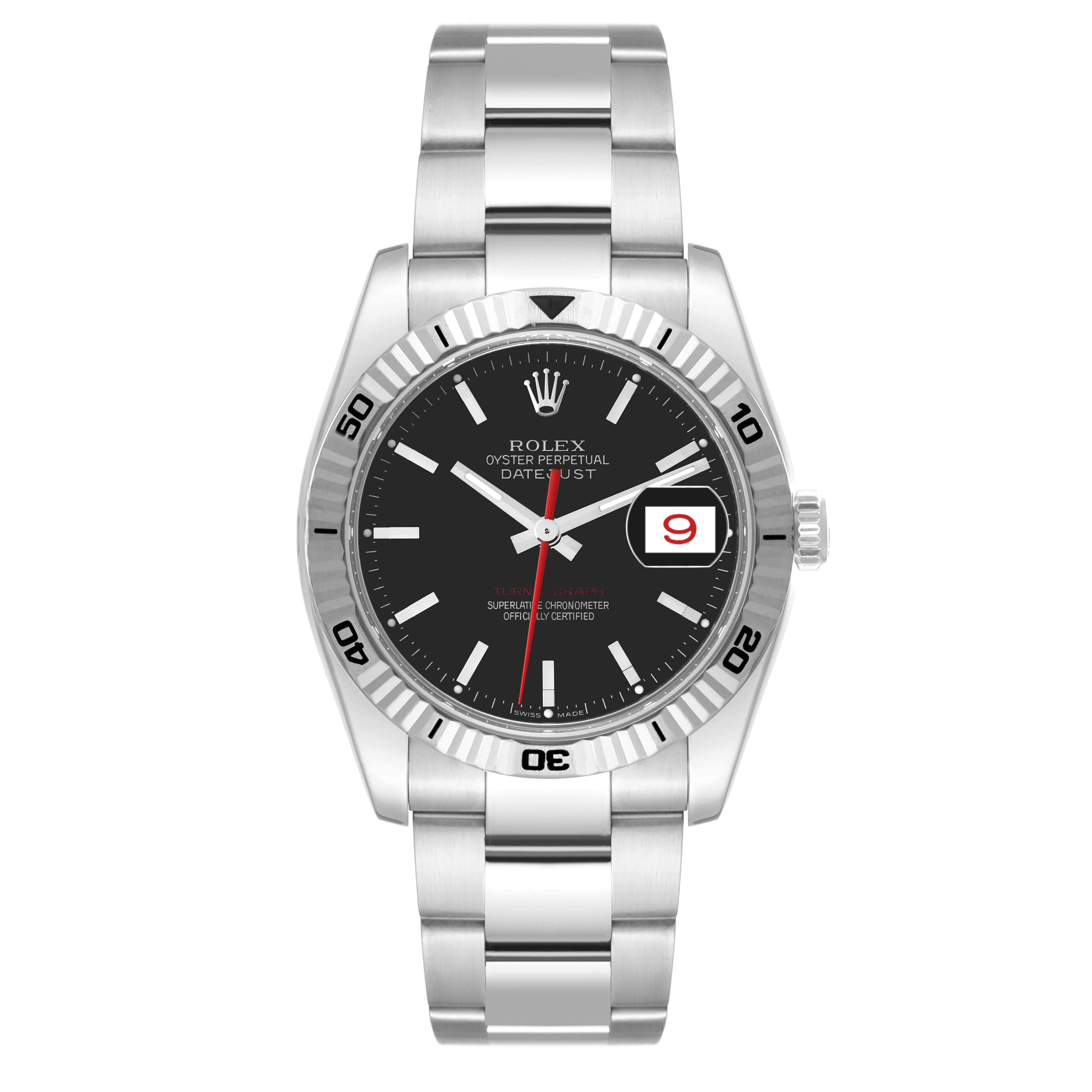 The image shows a front view of the Rolex Turn-o-Graph 116264 Men's Stainless Steel Black Dial 116264 Men's Stainless Steel Black Dial watch, displaying its face, bezel, and bracelet.