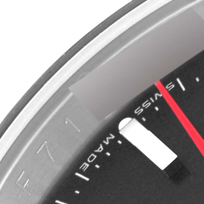 This image shows a close-up angle of the dial and bezel of a Rolex Turn-o-Graph 116264 Men's Stainless Steel Black Dial 116264 Men's Stainless Steel Black Dial watch.