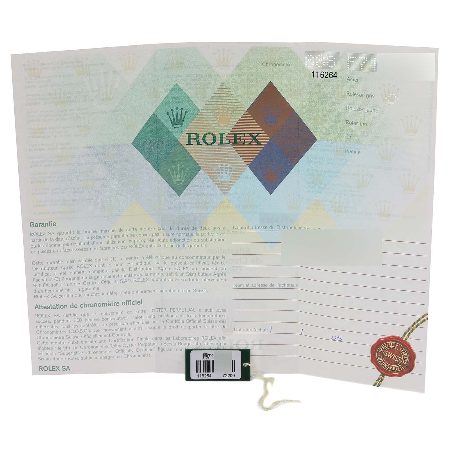 The image shows the warranty paperwork for a Rolex Turn-o-Graph 116264 Men's Stainless Steel Black Dial 116264 Men's Stainless Steel Black Dial watch.