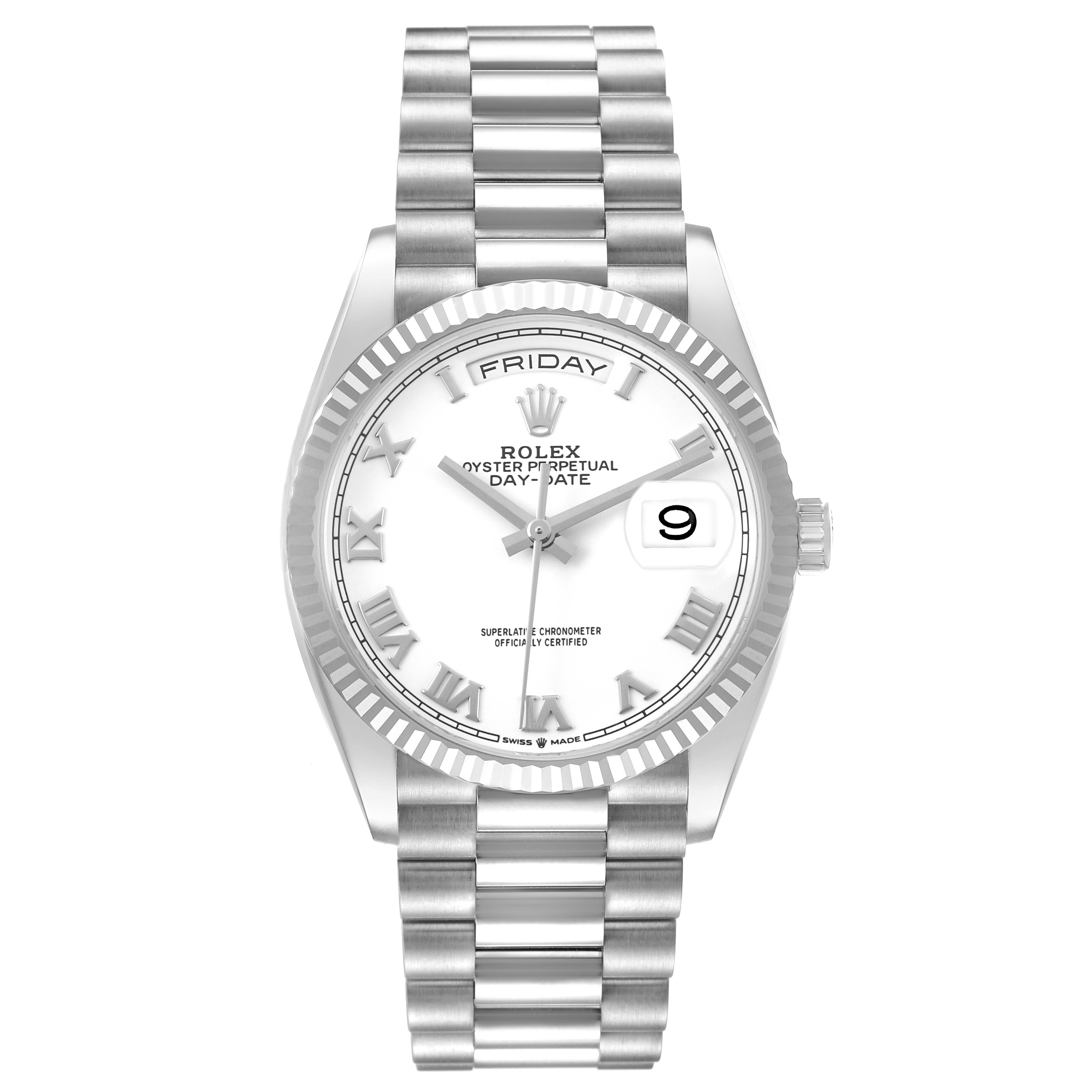 The image shows a frontal view of a Rolex Date 128239 Men's White Gold White Dial model watch, highlighting the dial, bezel, bracelet, and crown.
