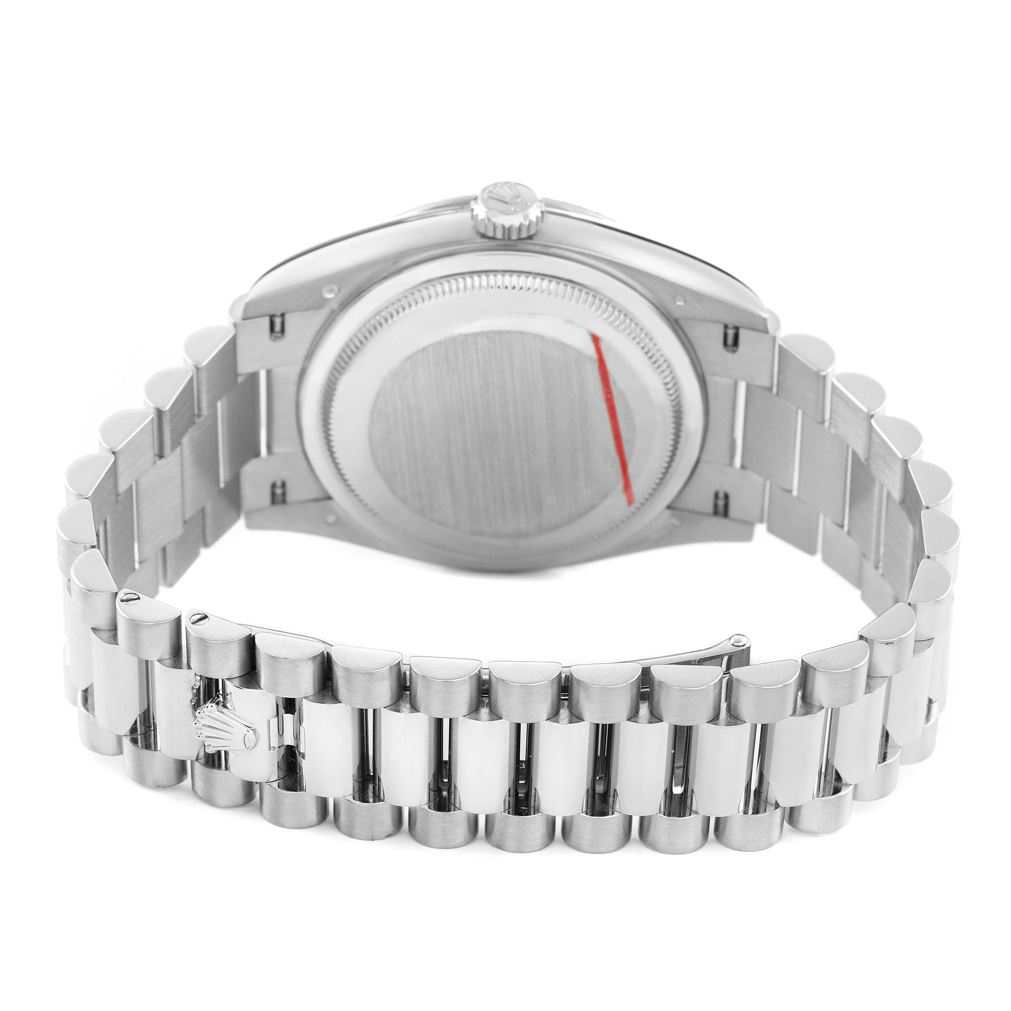 The image shows the back view of the Rolex Date 128239 Men's White Gold White Dial model, displaying its case back and bracelet.