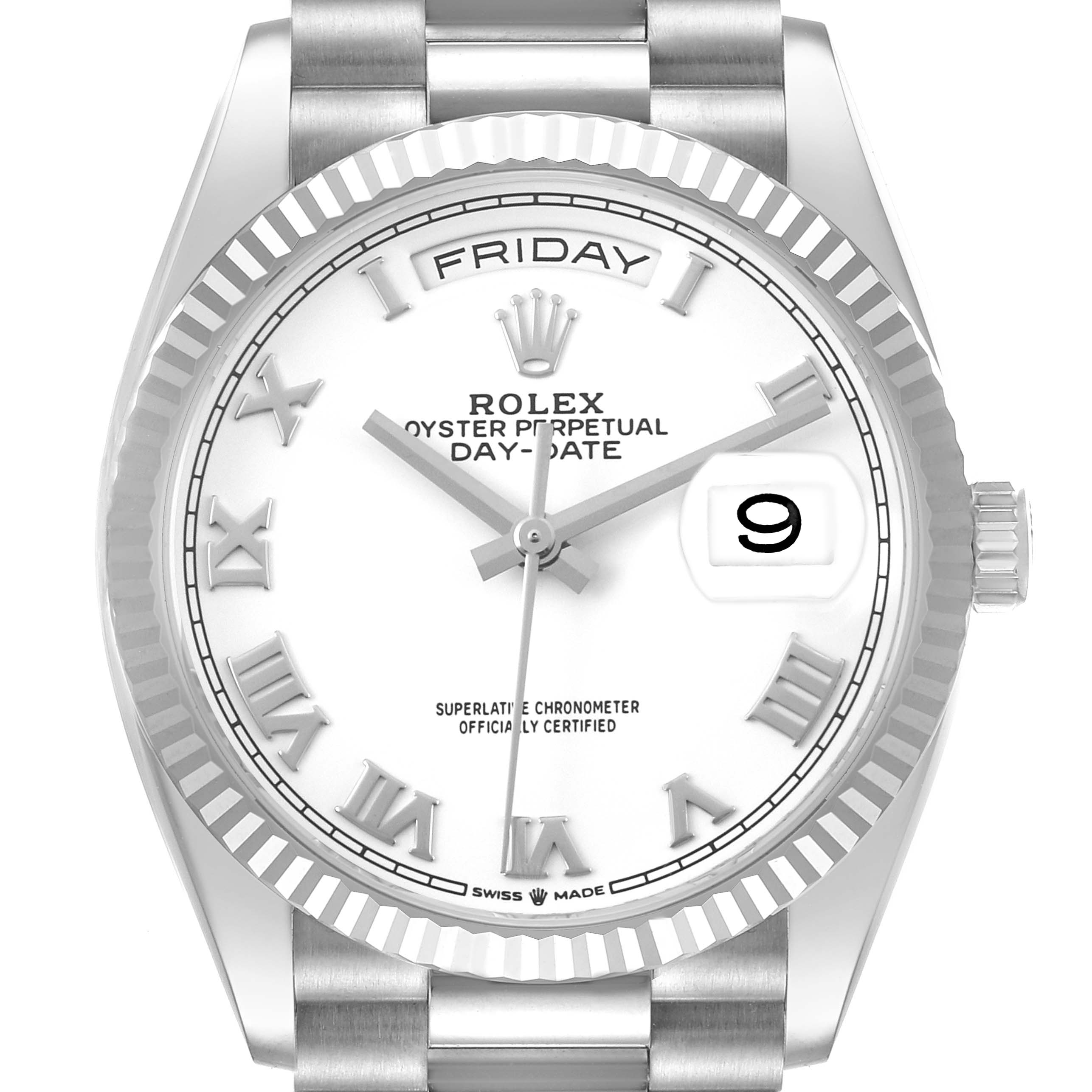 The Rolex Date 128239 Men's White Gold White Dial model is shown from a front angle, highlighting the dial, fluted bezel, crown, and part of the bracelet.