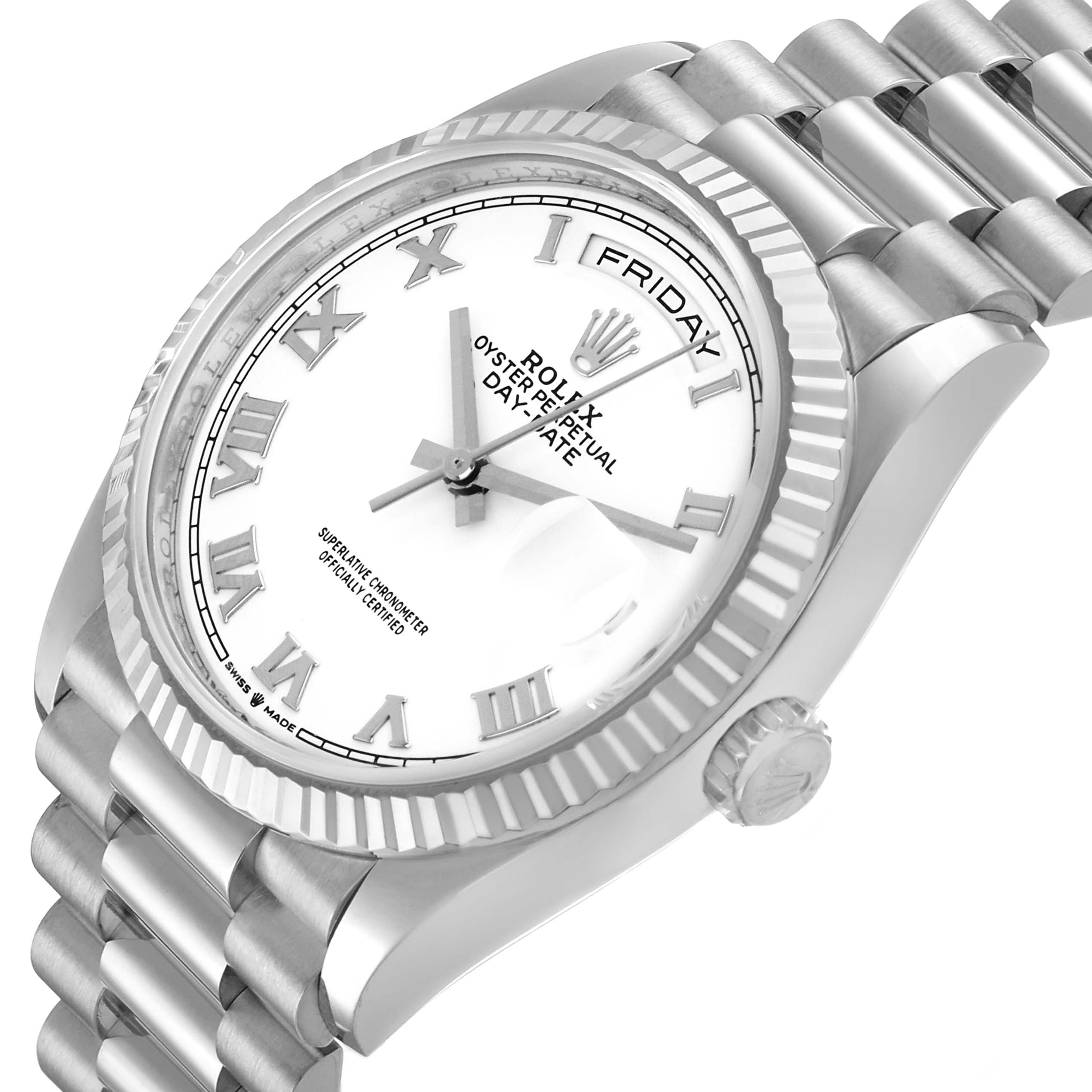 The Rolex Date 128239 Men's White Gold White Dial model is shown at an angled side view, highlighting the dial, fluted bezel, and bracelet.
