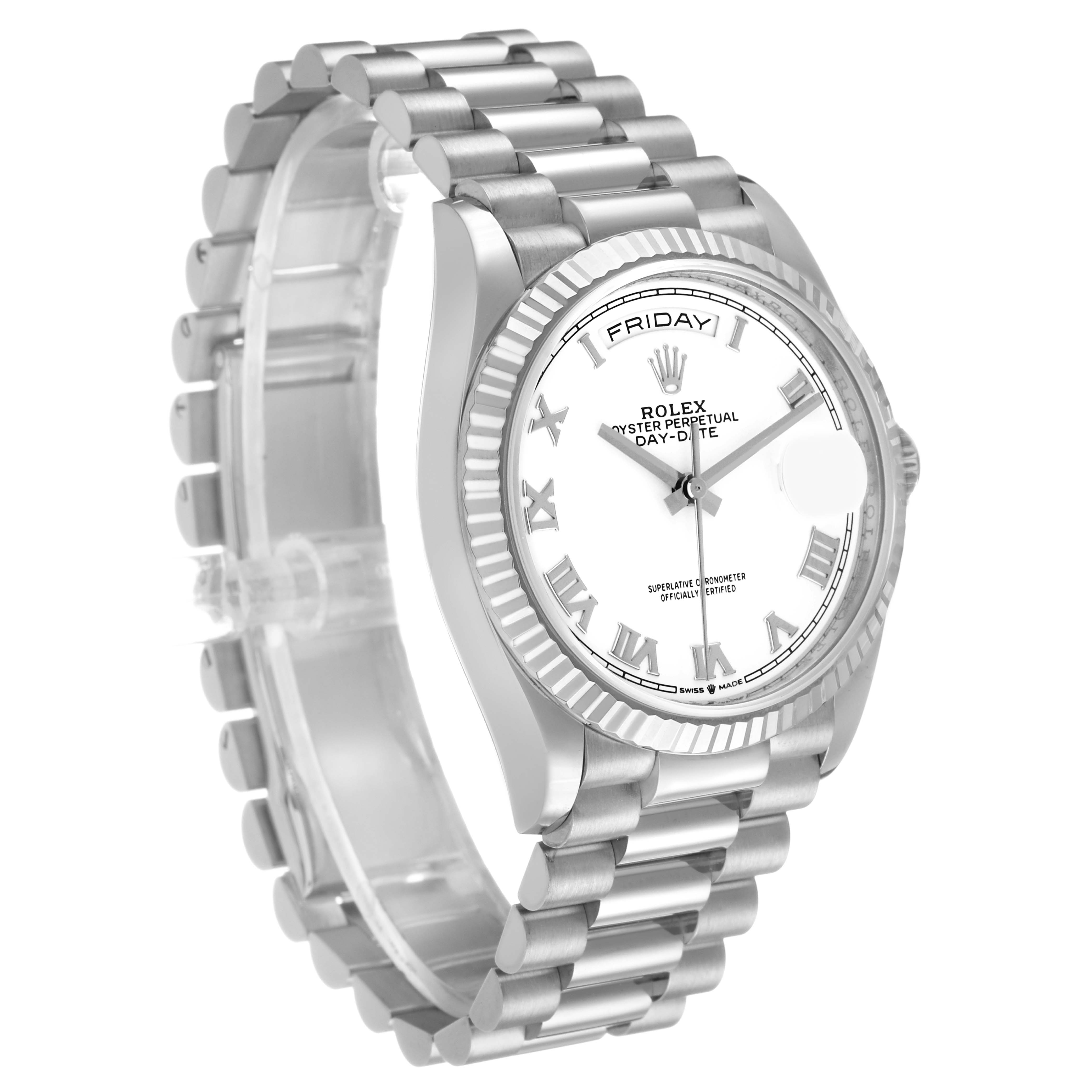 The Rolex Date 128239 Men's White Gold White Dial watch is shown at a slight angle, displaying the face, bezel, and full bracelet.