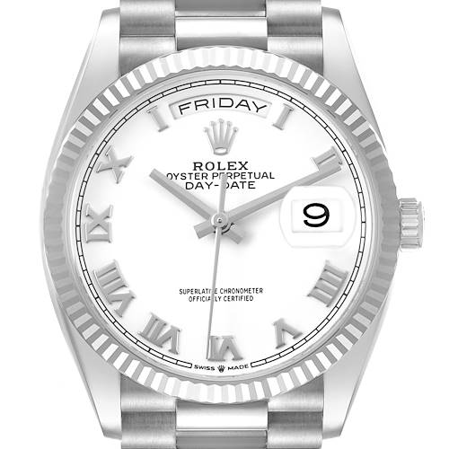 The Rolex Date 128239 Men's White Gold White Dial model watch is shown from a front angle, highlighting the dial, crown, and bracelet.