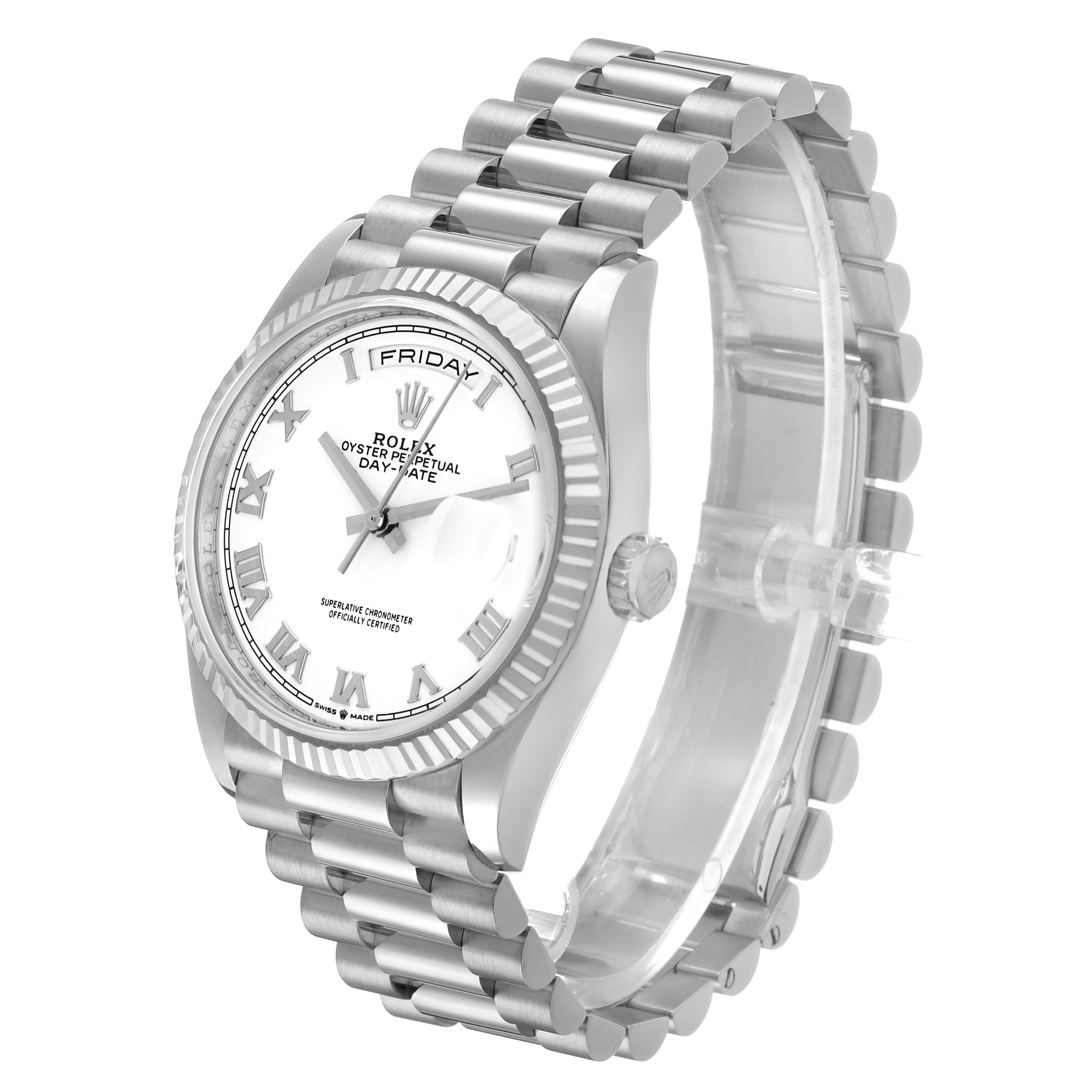 The Rolex Date 128239 Men's White Gold White Dial model watch is shown from a front-right angle, highlighting its face, bezel, crown, and bracelet.