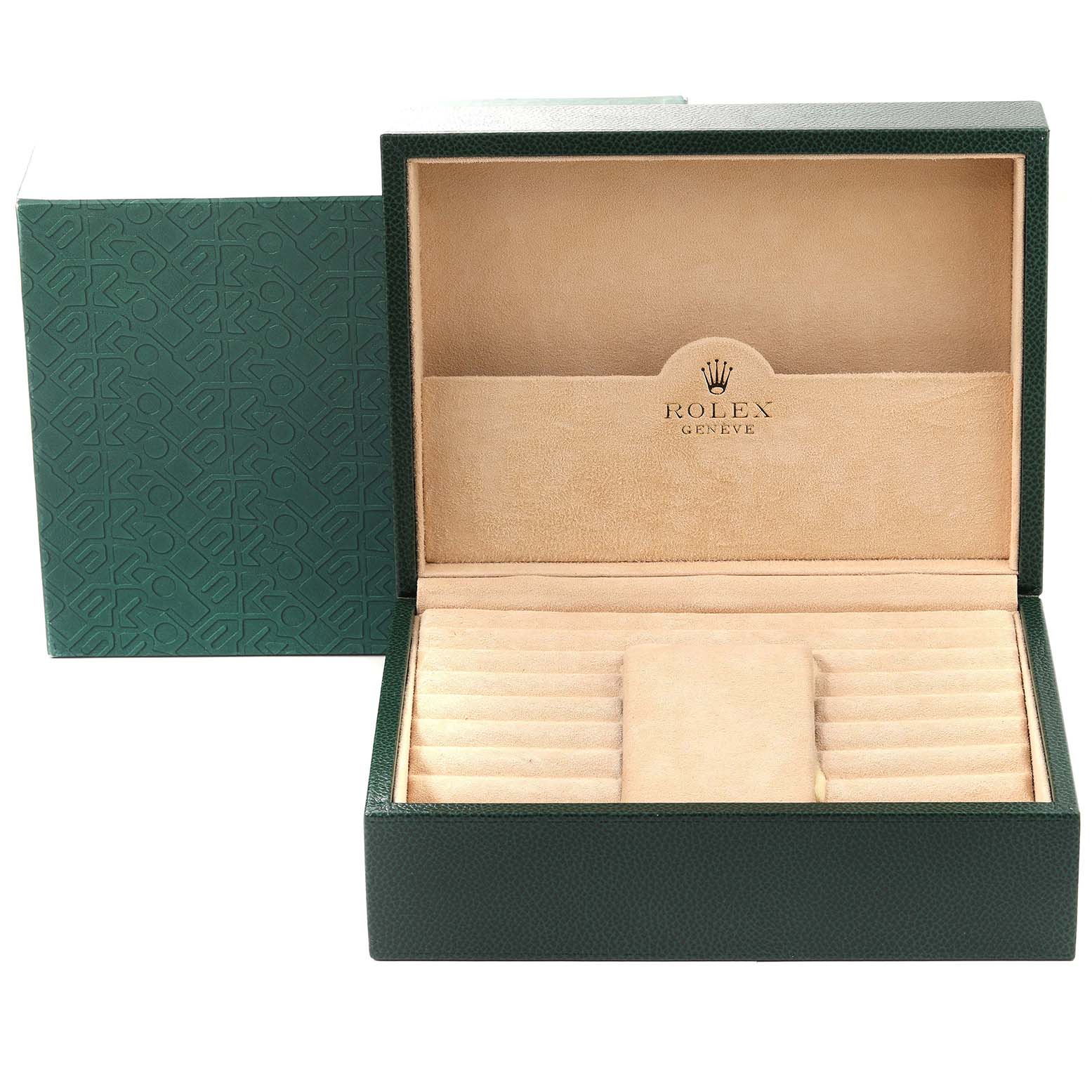 The image shows an open Rolex President 18248 Men
s Yellow Gold Champagne Dial 18248 Men
s Yellow Gold Champagne Dial model watch box, featuring a green outer box and a beige interior.