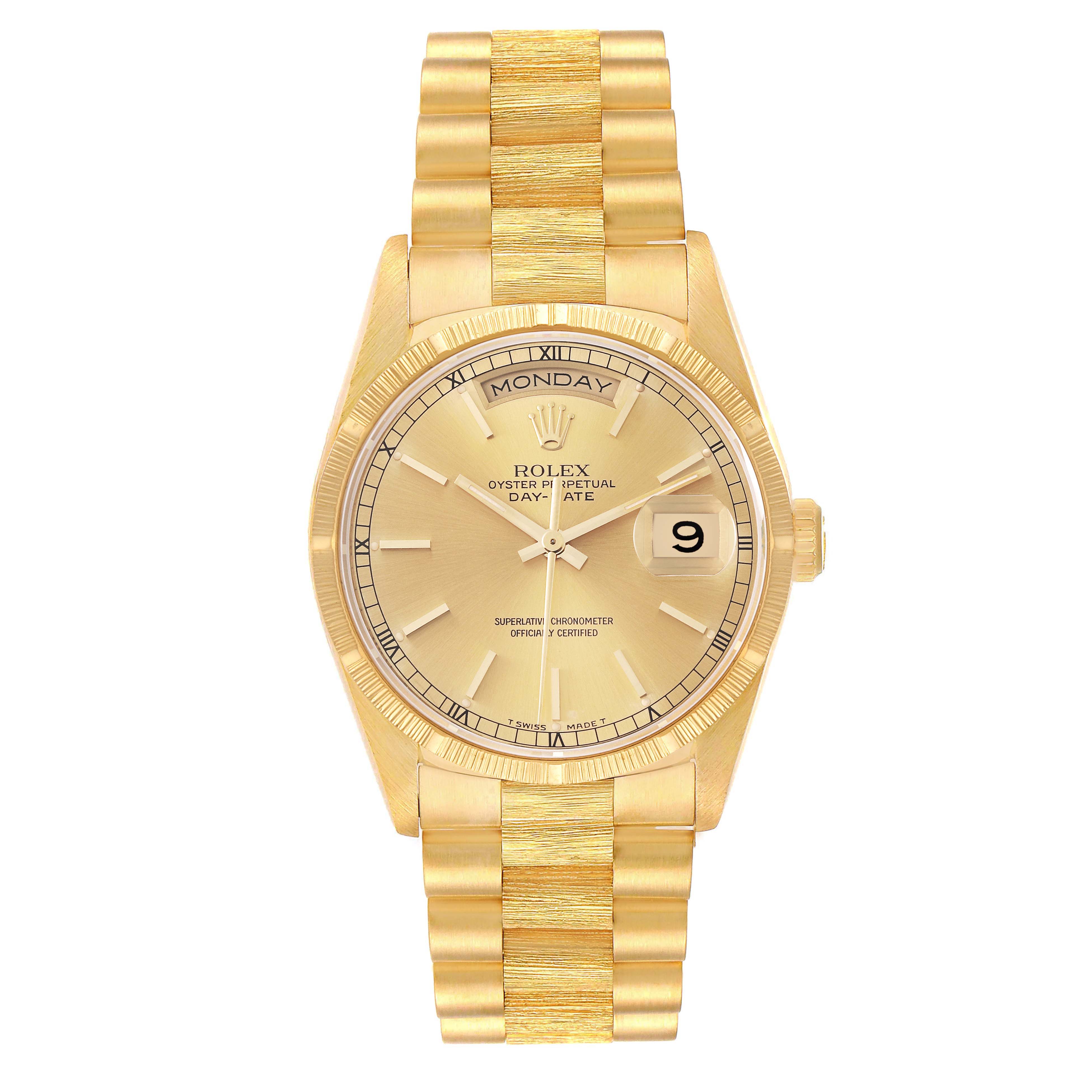 The image shows a front view of a Rolex President 18248 Men
s Yellow Gold Champagne Dial 18248 Men
s Yellow Gold Champagne Dial model watch, displaying the face, bezel, and bracelet.