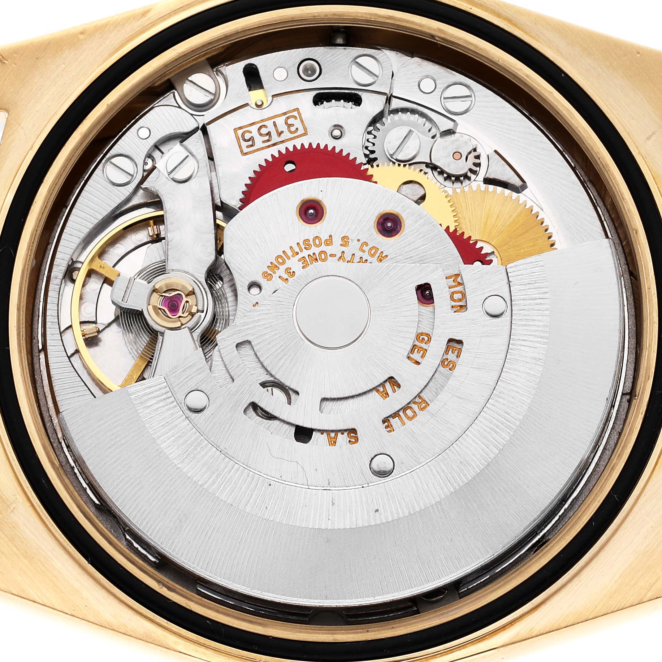 This image shows a close-up of the movement and inner mechanisms of a Rolex President 18248 Men
s Yellow Gold Champagne Dial 18248 Men
s Yellow Gold Champagne Dial model watch.