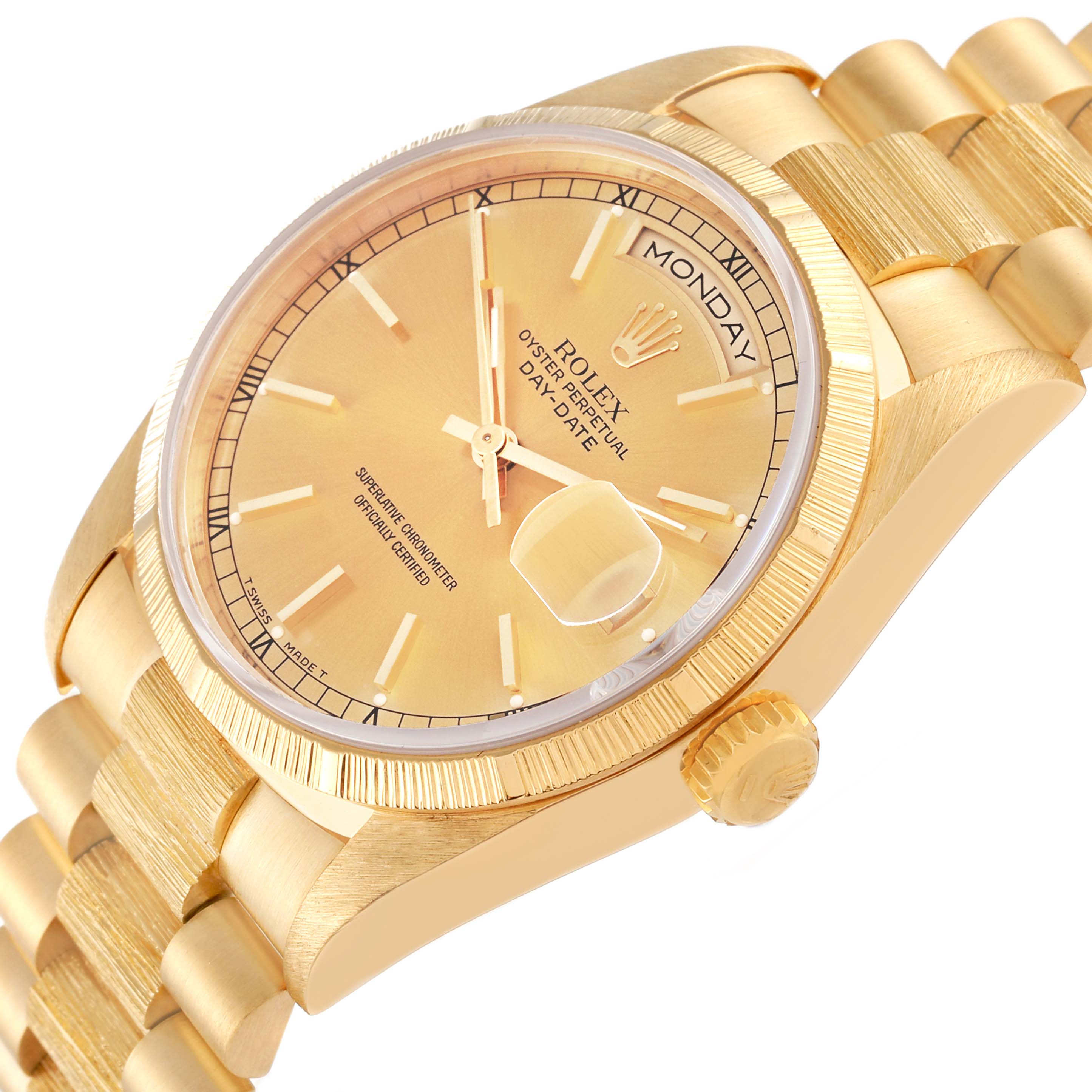 The image shows a close-up angled view of the Rolex President 18248 Men
s Yellow Gold Champagne Dial 18248 Men
s Yellow Gold Champagne Dial model watch, highlighting the dial, bezel, case, crown, and part of the bracelet.