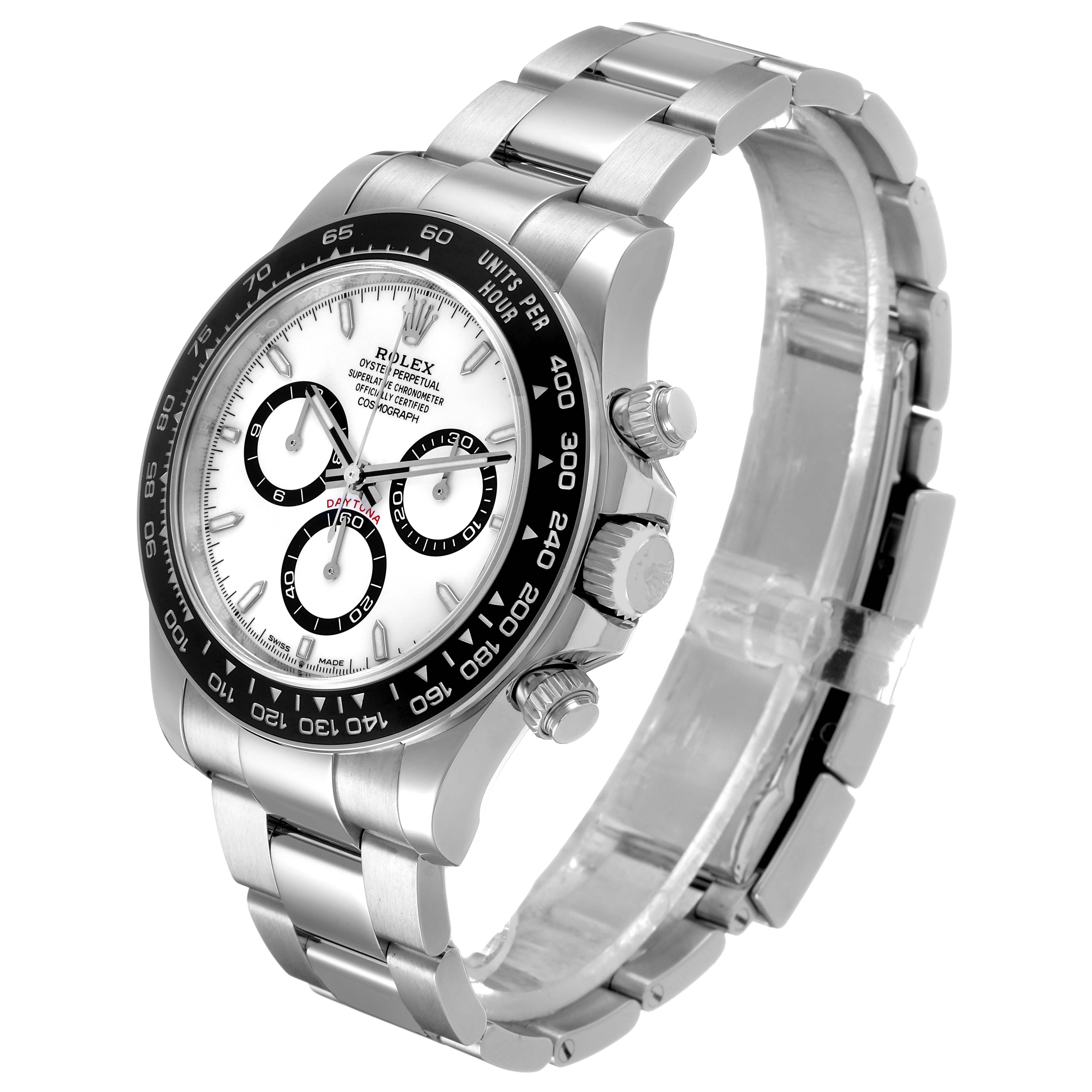 The Rolex Daytona 126500 Men's Stainless Steel White Dial watch is shown at a 3/4 angle displaying the face, bezel, crown, pushers, and bracelet.