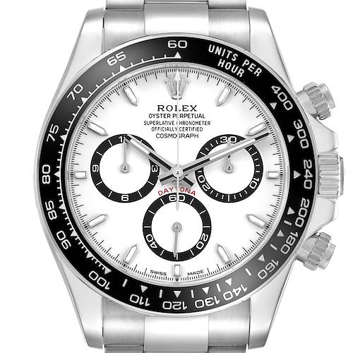 The Rolex Daytona 126500 Men's Stainless Steel White Dial watch is shown from the front, highlighting the dial, bezel, and pushers.