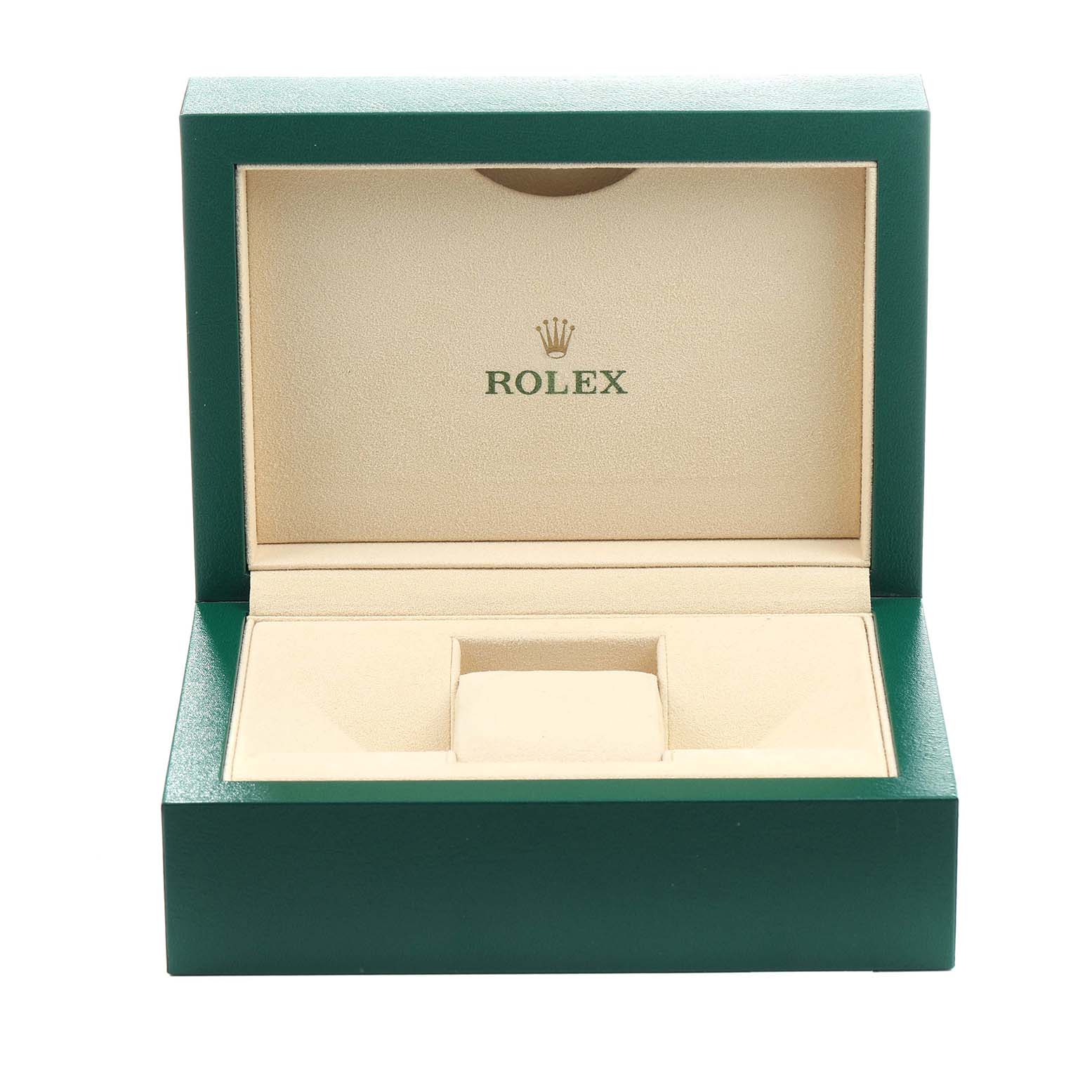 The image shows an open Rolex Daytona 126500 Men's Stainless Steel White Dial watch box from a front angle, featuring a green exterior and beige interior.