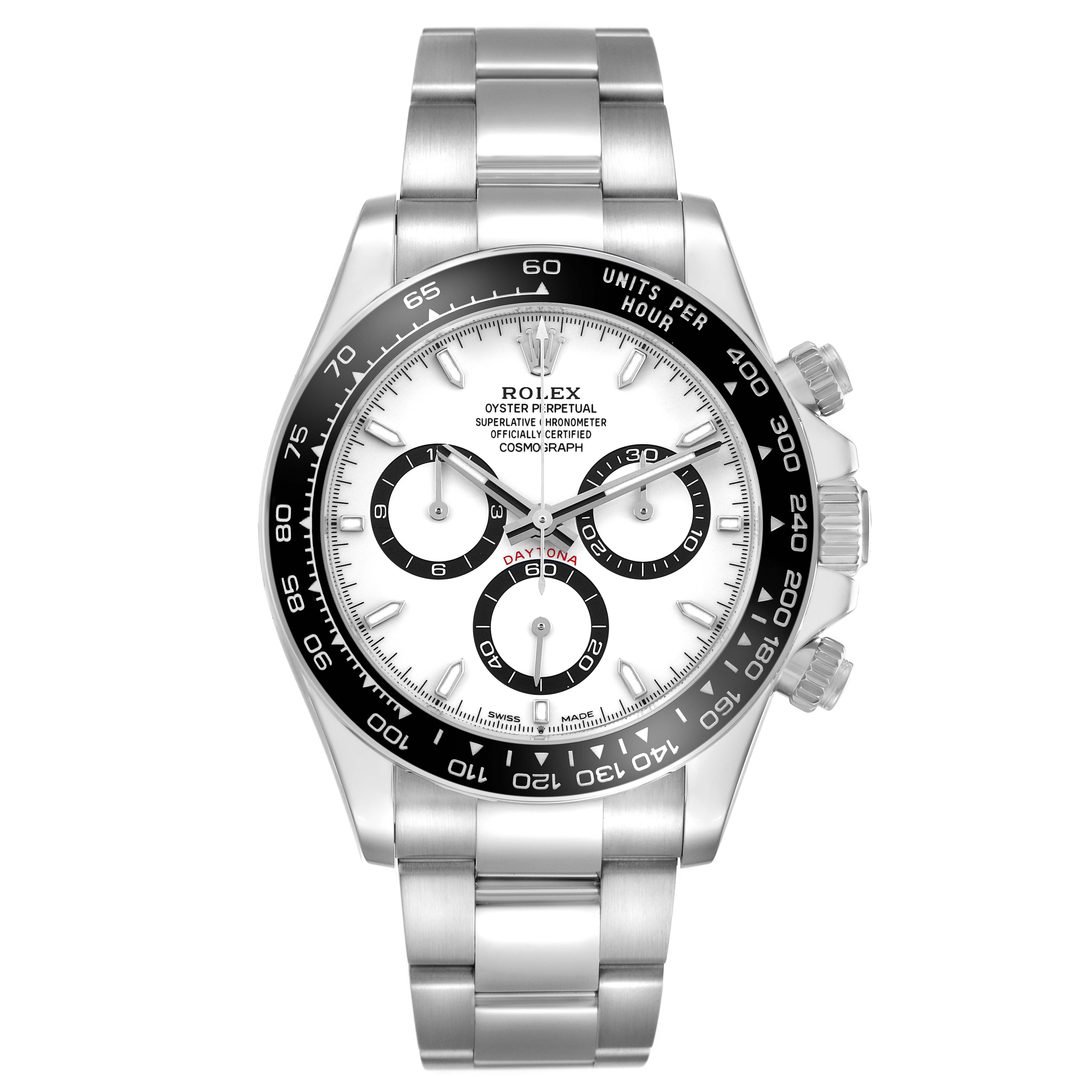 The Rolex Daytona 126500 Men's Stainless Steel White Dial watch is shown from a front angle, displaying its bezel, dial, and bracelet.