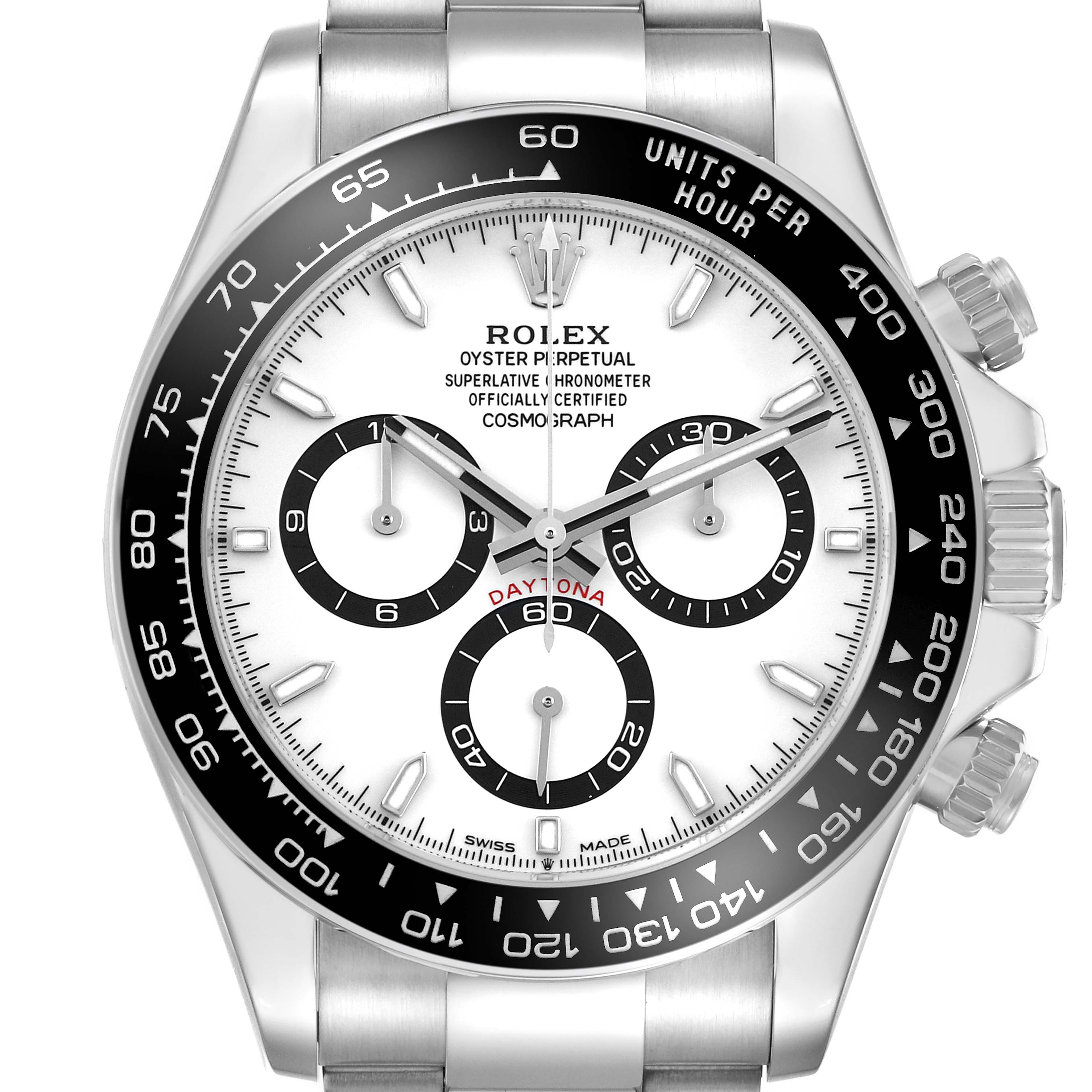 The Rolex Daytona 126500 Men's Stainless Steel White Dial watch is shown from the front, displaying the dial, bezel, and pushers.