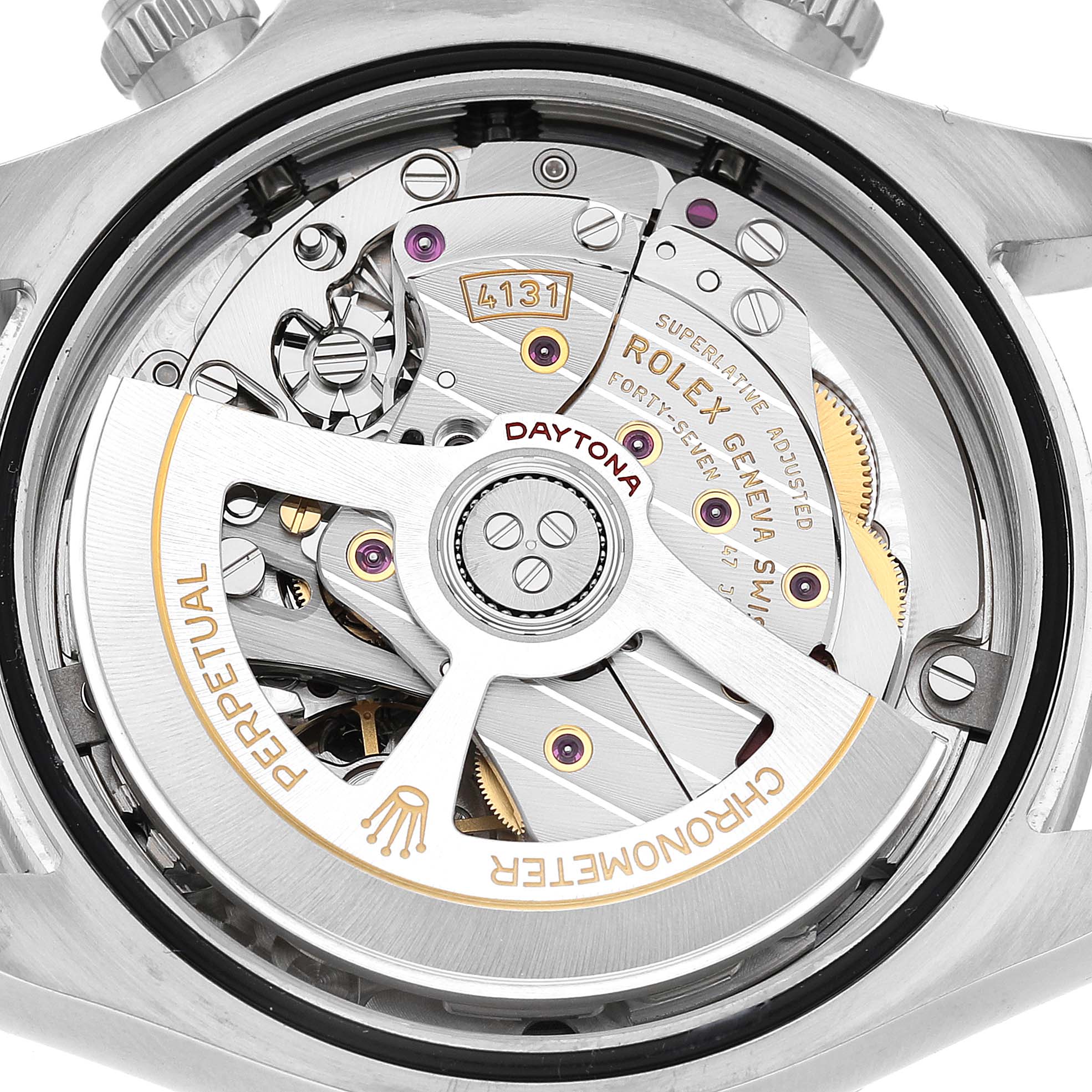 The image shows the open case back of a Rolex Daytona 126500 Men's Stainless Steel White Dial, revealing its intricate movement mechanism.