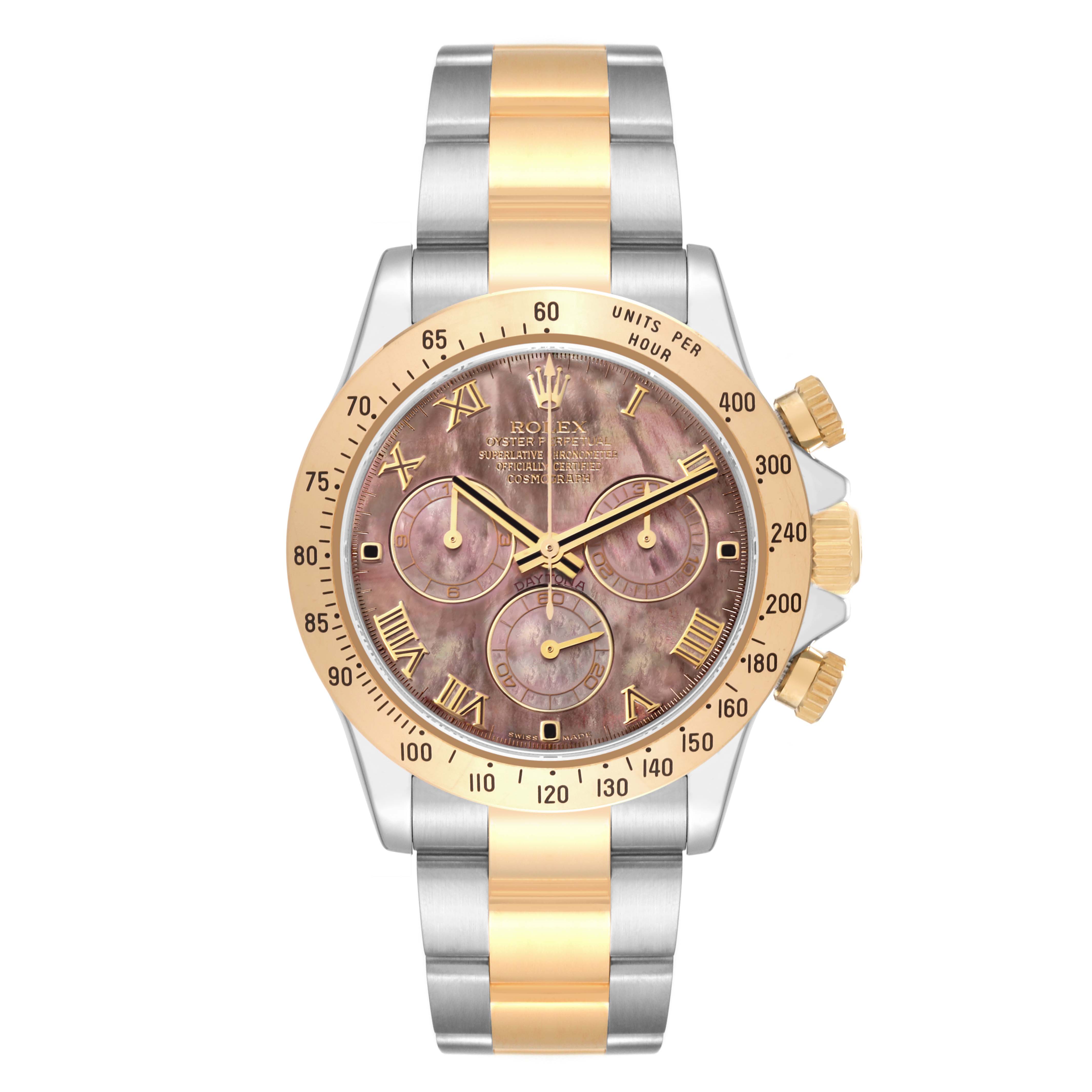 The image shows a front view of a Rolex Daytona 116523 Men's Steel and Gold (two tone) Mother of Pearl Dial 116523 Men's Steel and Gold (two tone) Mother of Pearl Dial watch, highlighting its face, bezel, and bracelet.