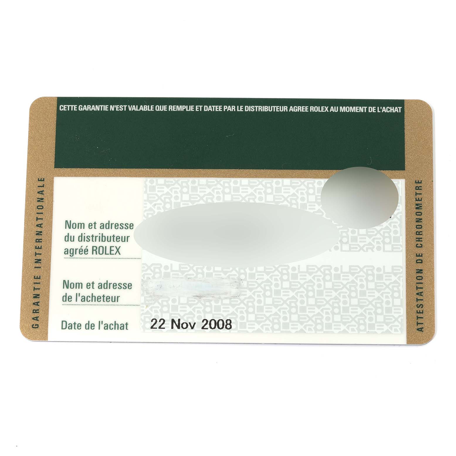 This is a warranty card for the Rolex Daytona 116523 Men's Steel and Gold (two tone) Mother of Pearl Dial 116523 Men's Steel and Gold (two tone) Mother of Pearl Dial model, displaying the purchase date and spaces for distributor and buyer information.