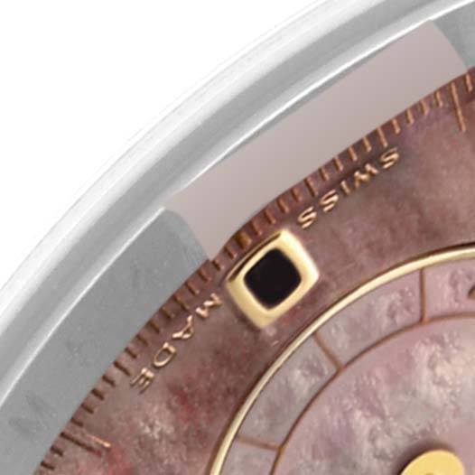 This image shows a close-up view of the dial and sub-dial with text on the Rolex Daytona 116523 Men's Steel and Gold (two tone) Mother of Pearl Dial 116523 Men's Steel and Gold (two tone) Mother of Pearl Dial watch.