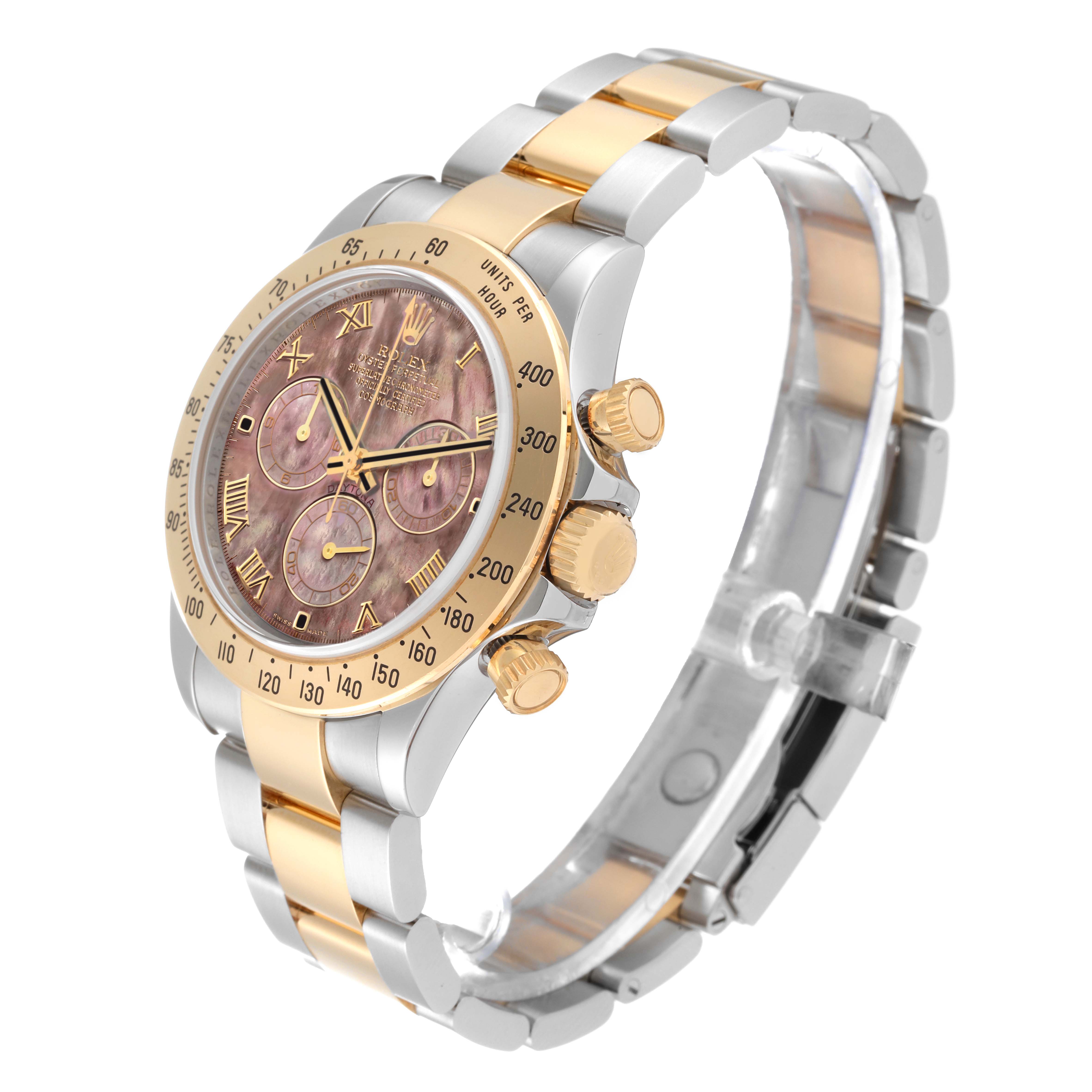 This image shows a side-angle view of a Rolex Daytona 116523 Men's Steel and Gold (two tone) Mother of Pearl Dial 116523 Men's Steel and Gold (two tone) Mother of Pearl Dial watch, displaying the face, bezel, crown, and bracelet.
