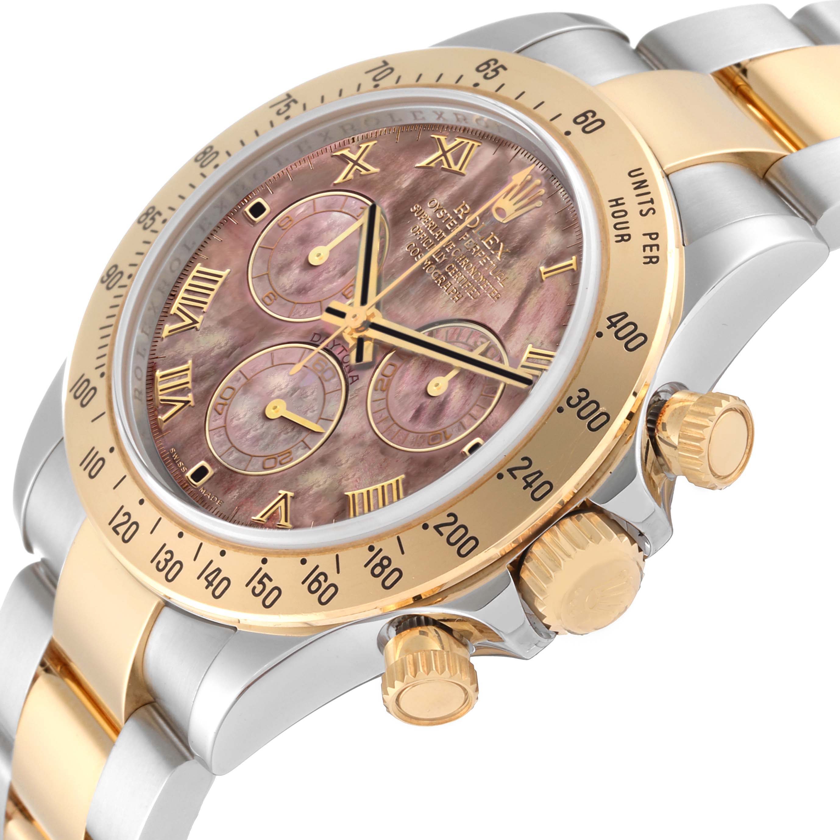 The image shows a side and angled view of a Rolex Daytona 116523 Men's Steel and Gold (two tone) Mother of Pearl Dial 116523 Men's Steel and Gold (two tone) Mother of Pearl Dial watch, highlighting its bezel, crown, and part of the bracelet.