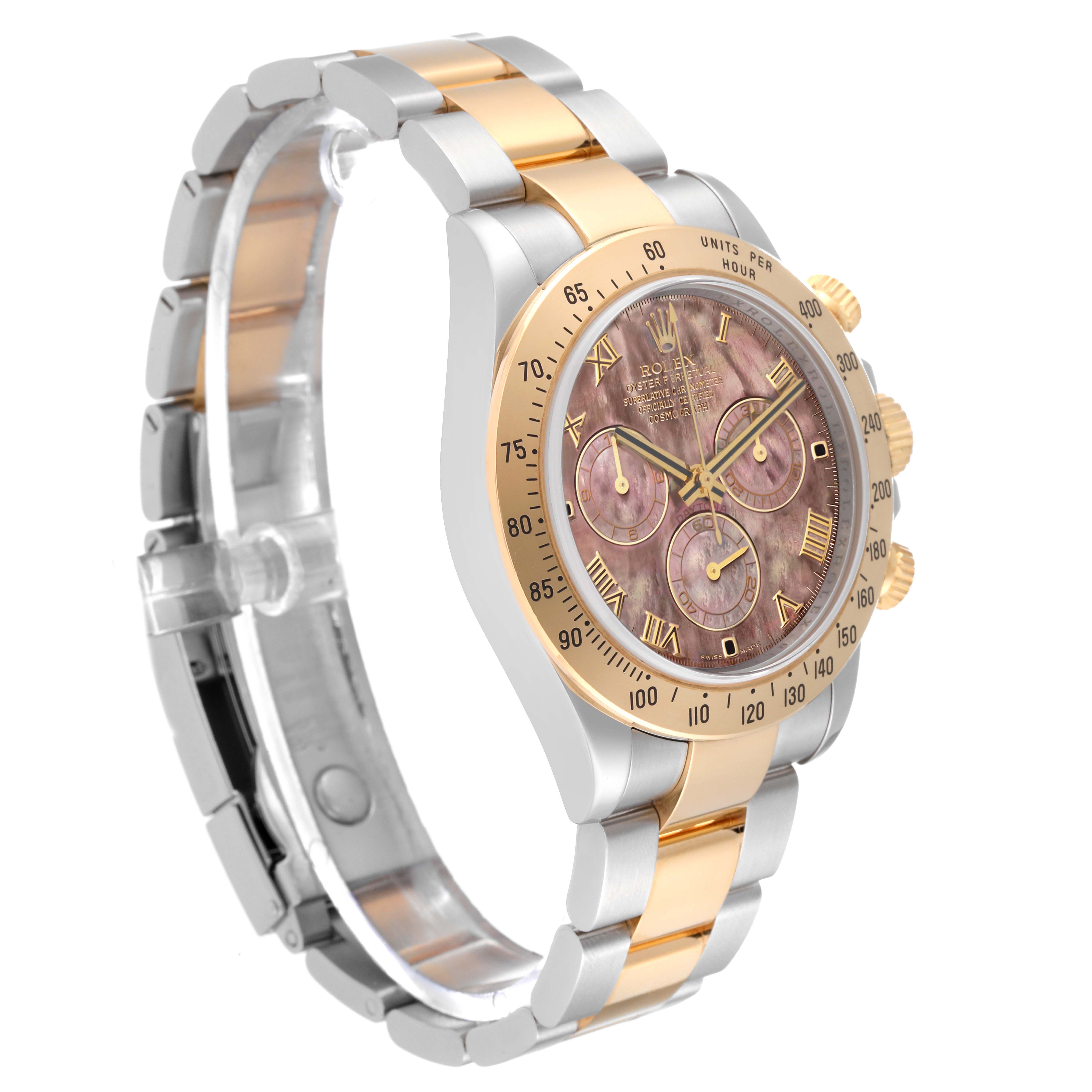 The image shows a side angle view of a Rolex Daytona 116523 Men's Steel and Gold (two tone) Mother of Pearl Dial 116523 Men's Steel and Gold (two tone) Mother of Pearl Dial watch, highlighting its two-tone bracelet and face with three subdials.