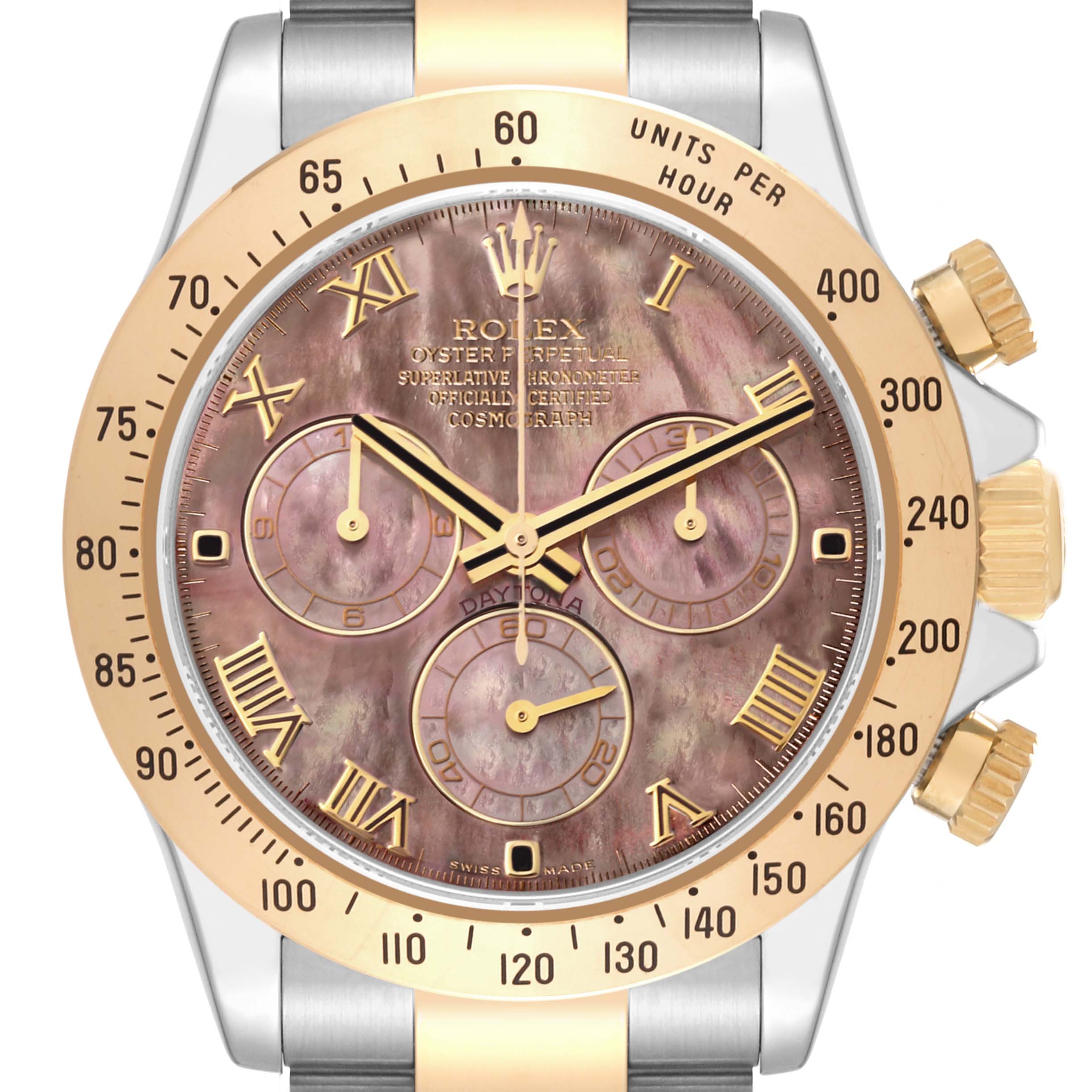 The image shows a frontal view of a Rolex Daytona 116523 Men's Steel and Gold (two tone) Mother of Pearl Dial 116523 Men's Steel and Gold (two tone) Mother of Pearl Dial watch, highlighting its dial, bezel, and pushers.