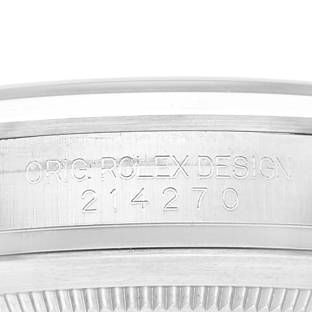 The image shows a close-up of the case side with engraved details of the Rolex Explorer 214270 Men's Stainless Steel Black Dial 214270 Men's Stainless Steel Black Dial model.