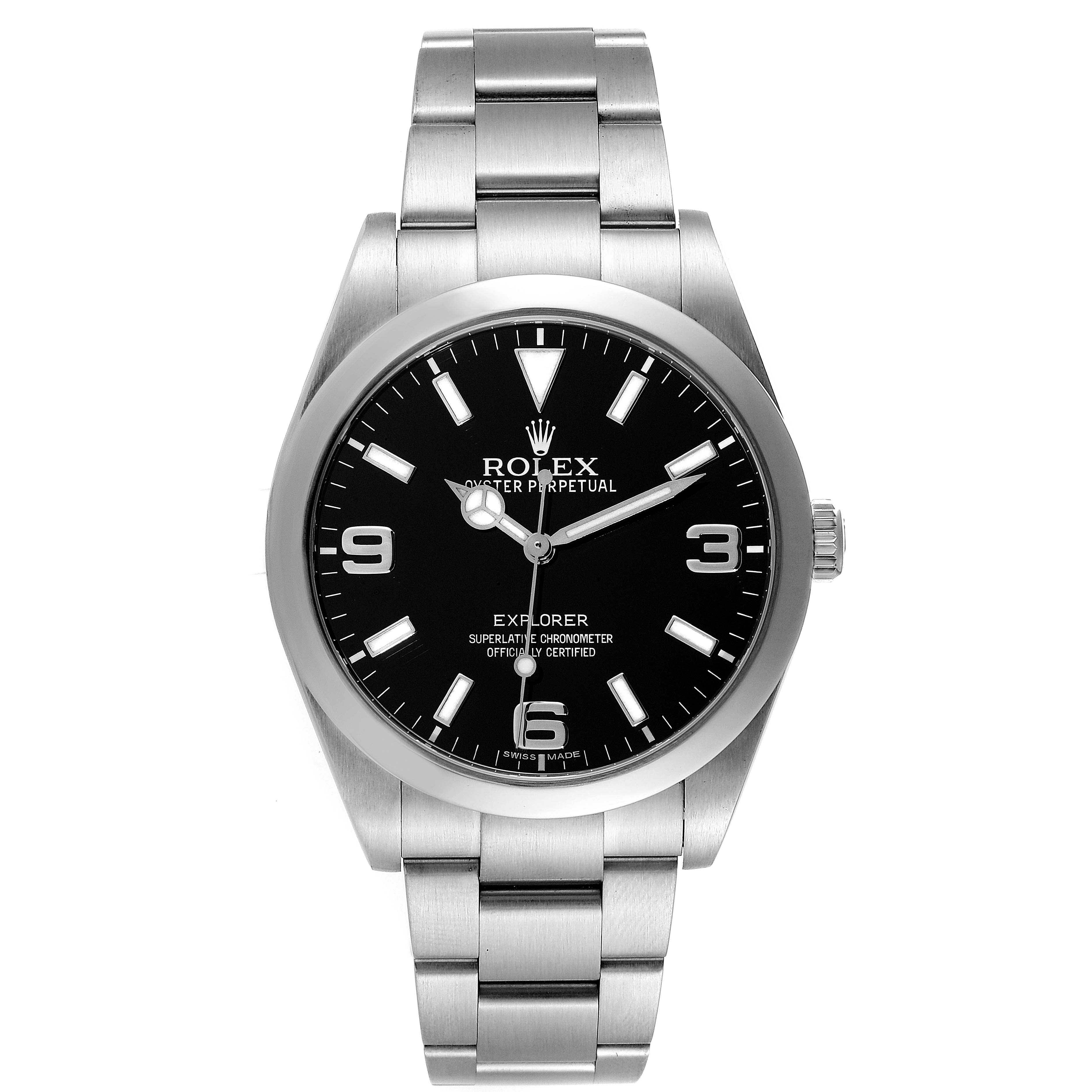 The image shows a frontal view of the Rolex Explorer 214270 Men's Stainless Steel Black Dial 214270 Men's Stainless Steel Black Dial watch, displaying its face, bezel, and bracelet.