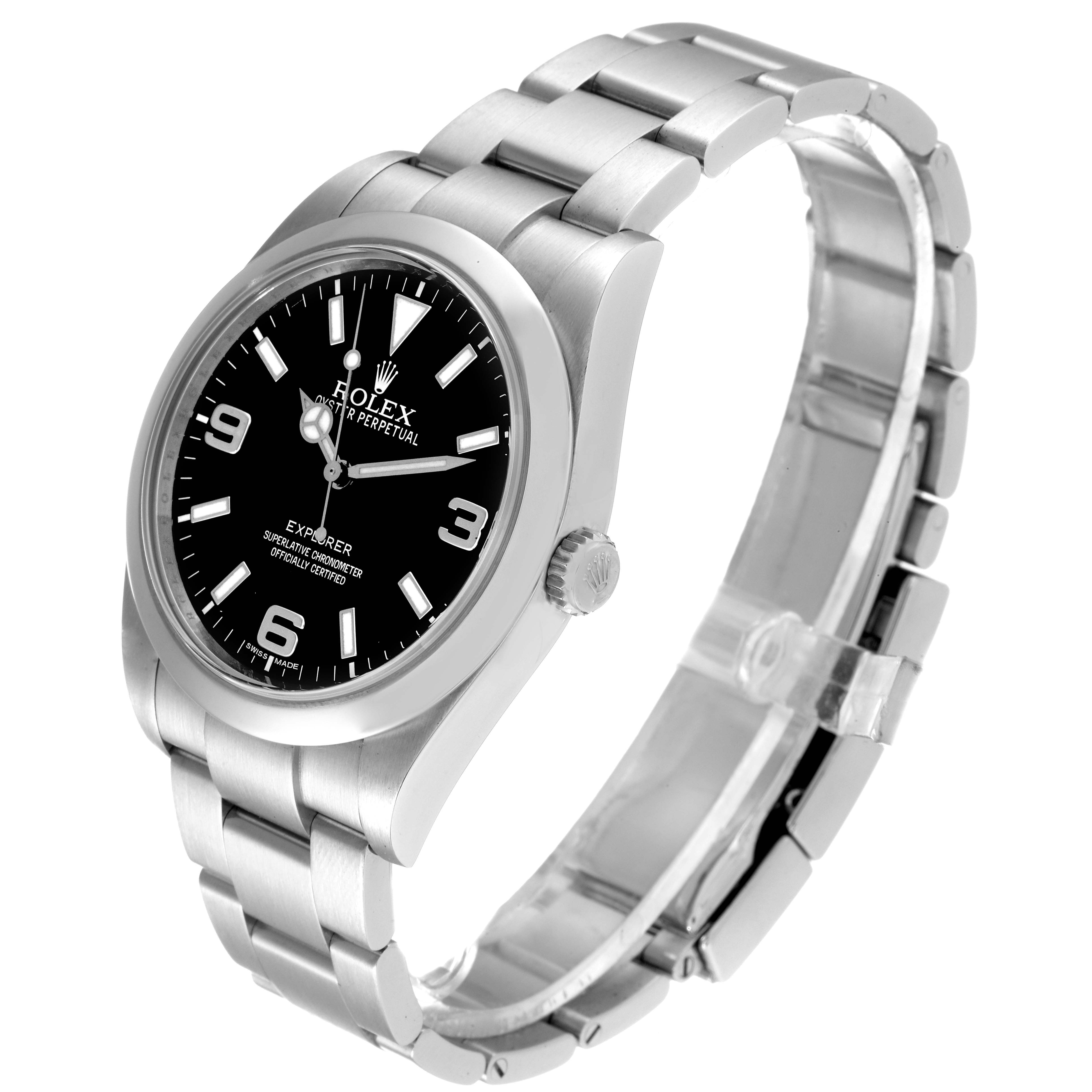 This Rolex Explorer 214270 Men's Stainless Steel Black Dial 214270 Men's Stainless Steel Black Dial model watch is shown from an angled perspective, displaying its dial, crown, and metal bracelet.