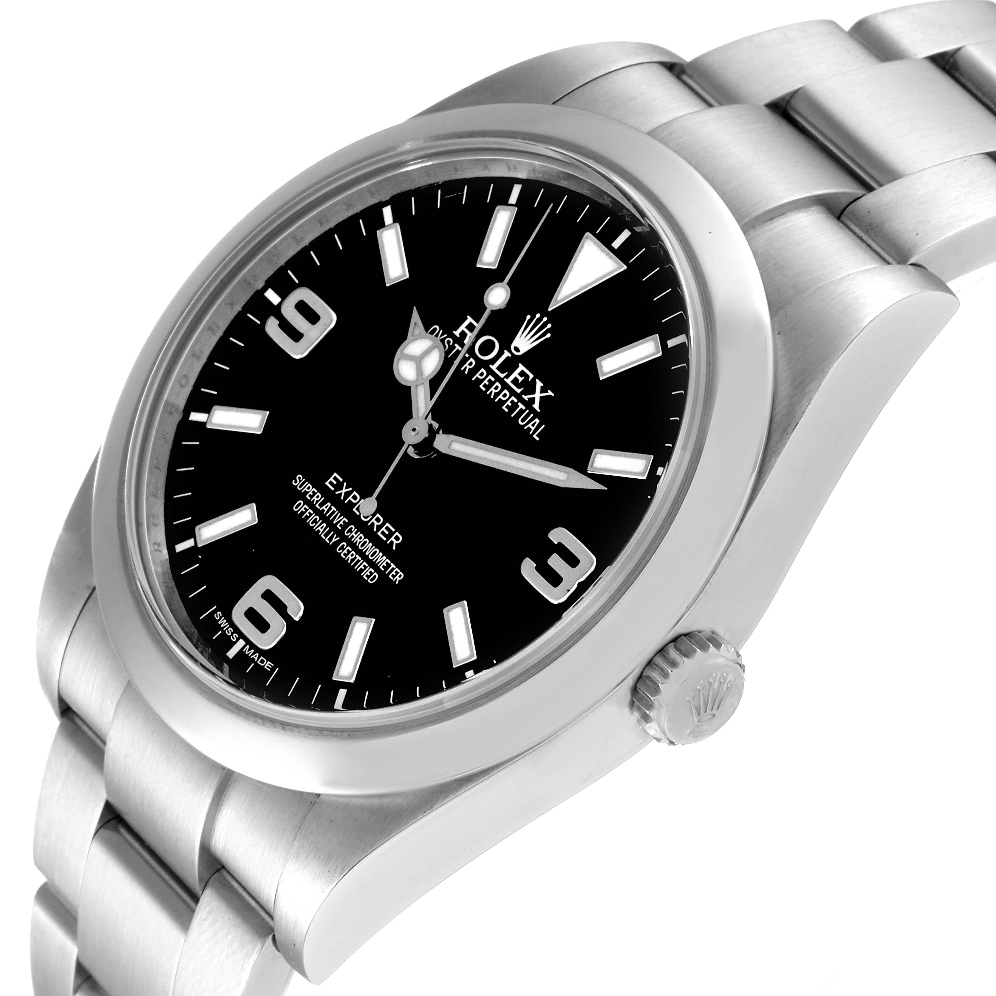This image shows a Rolex Explorer 214270 Men's Stainless Steel Black Dial 214270 Men's Stainless Steel Black Dial watch from a tilted side angle, displaying the face, crown, and part of the bracelet.