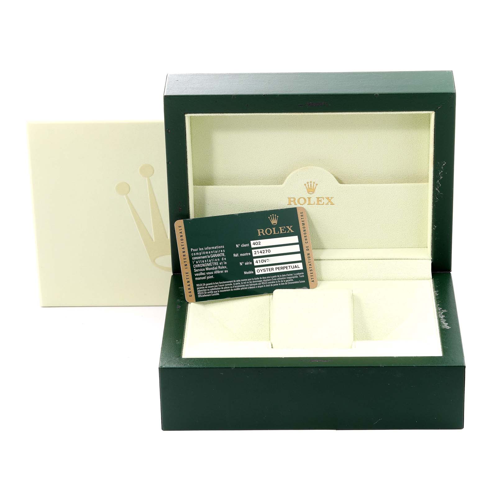 The image shows a Rolex Explorer 214270 Men's Stainless Steel Black Dial 214270 Men's Stainless Steel Black Dial watch box and warranty card, with the box opened to show its interior.