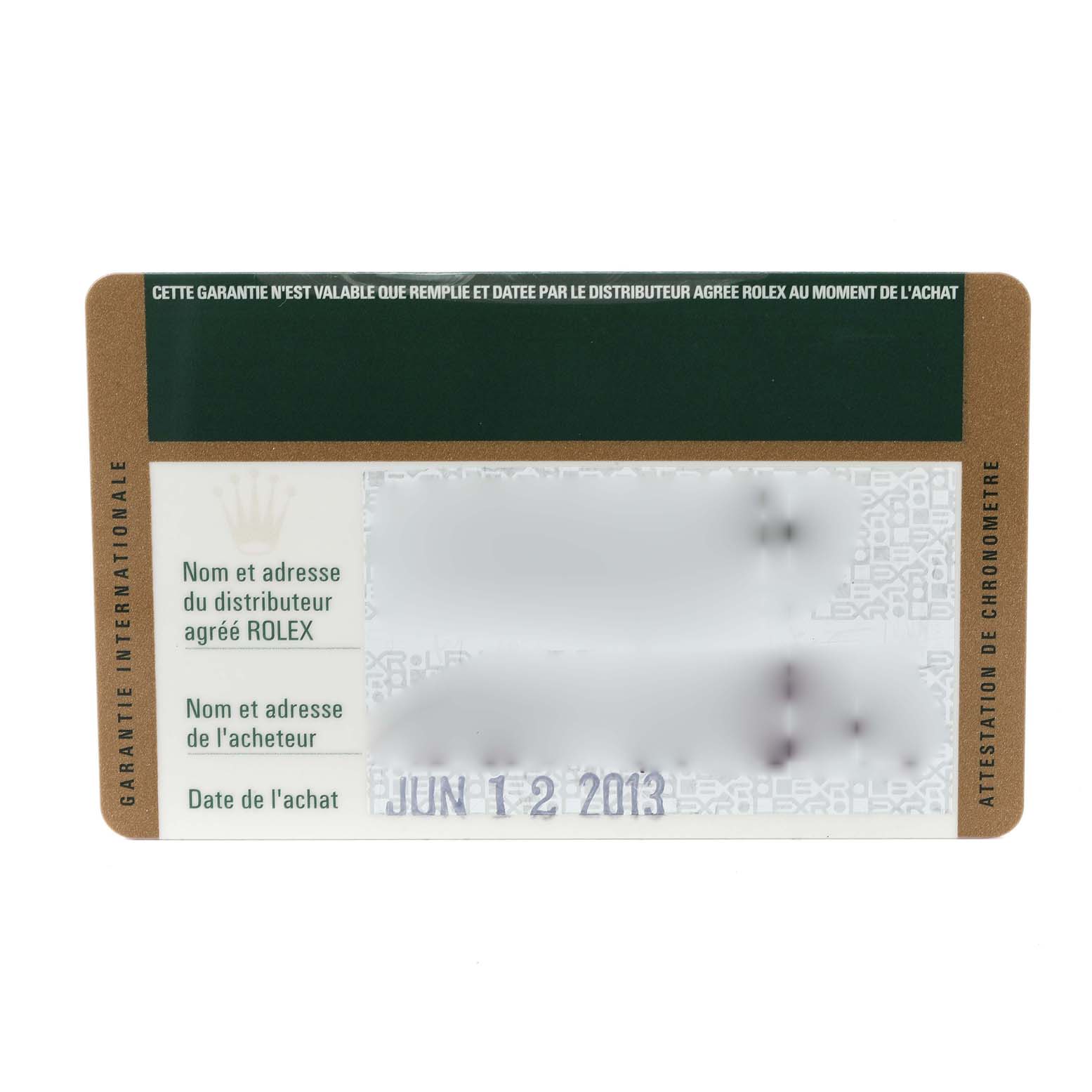 This image shows a close-up of an international guarantee card for a Rolex Explorer 214270 Men's Stainless Steel Black Dial 214270 Men's Stainless Steel Black Dial model, dated June 12, 2013.