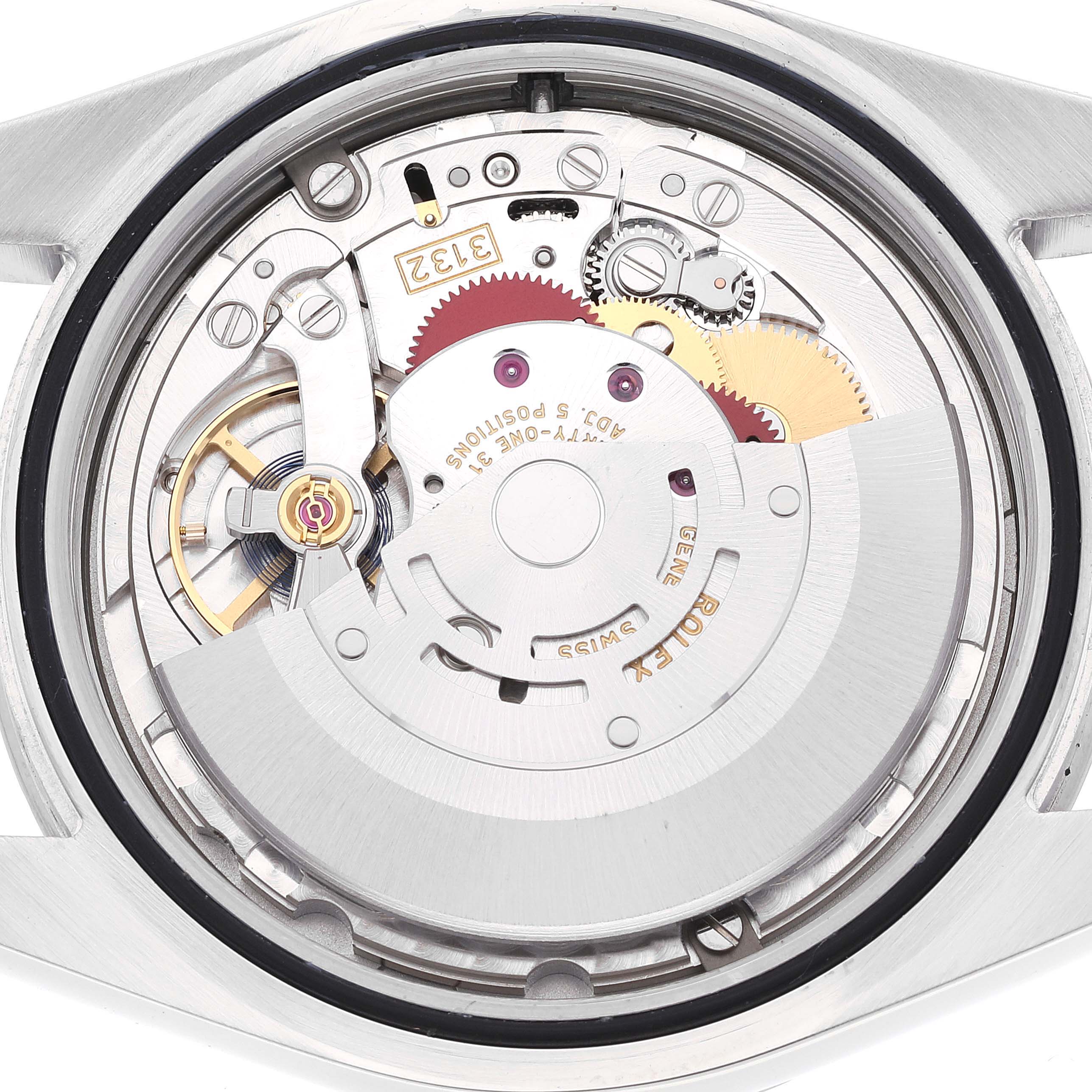 A Rolex Explorer 214270 Men's Stainless Steel Black Dial 214270 Men's Stainless Steel Black Dial watch is shown from the back, displaying its intricate internal mechanics and movement components.